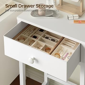 YATINEY Small Vanity Desk Without Mirror, Makeup Vanity Table for Small Space, Compact White Dressing Table with Fold-up Panel and Fabric Drawer, for Bedroom, Easy Assembly, White