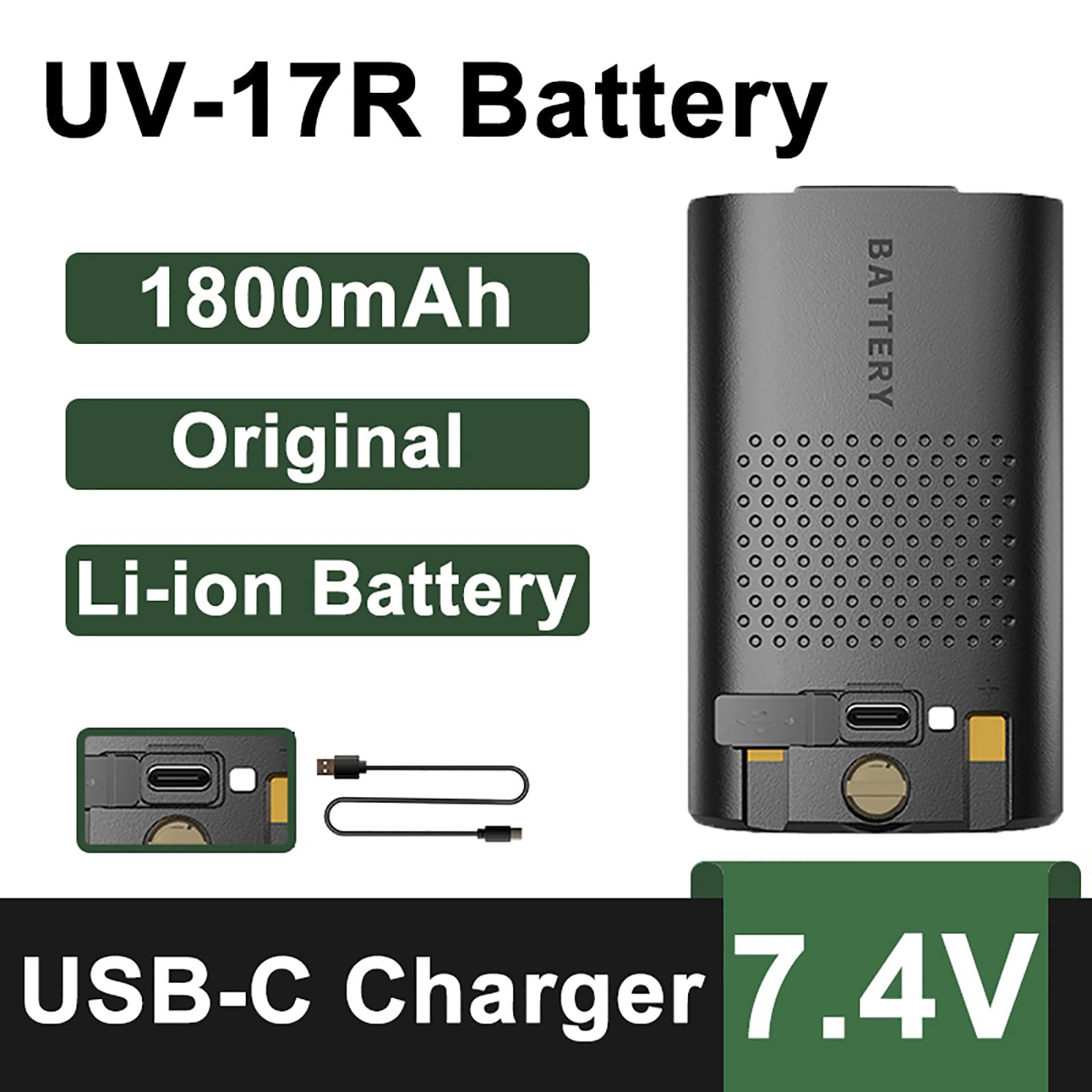 BAOFENG 4 Packs UV-17R Battery with Type-c Cable Original BL-17UV Enlarge 1800mAh USB-C Charging Rechargerable DC7.4V 13.32Wh Li-ion Battery