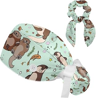 VBFOFBV Working Cap with Buttons Sweatband Ribbon Tie Back Bouffant Hats, Animal Otter Cartoon Fish