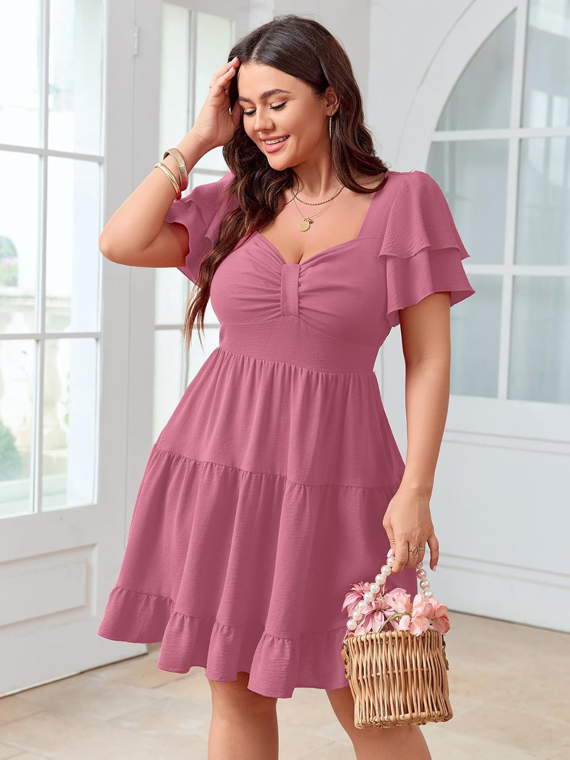 SCOMCHIC Women's Plus Size Summer Dresses Short Sleeve Sweetheart Neckline A Line Cocktail Boho Cute Mini Short Dress - Image 4