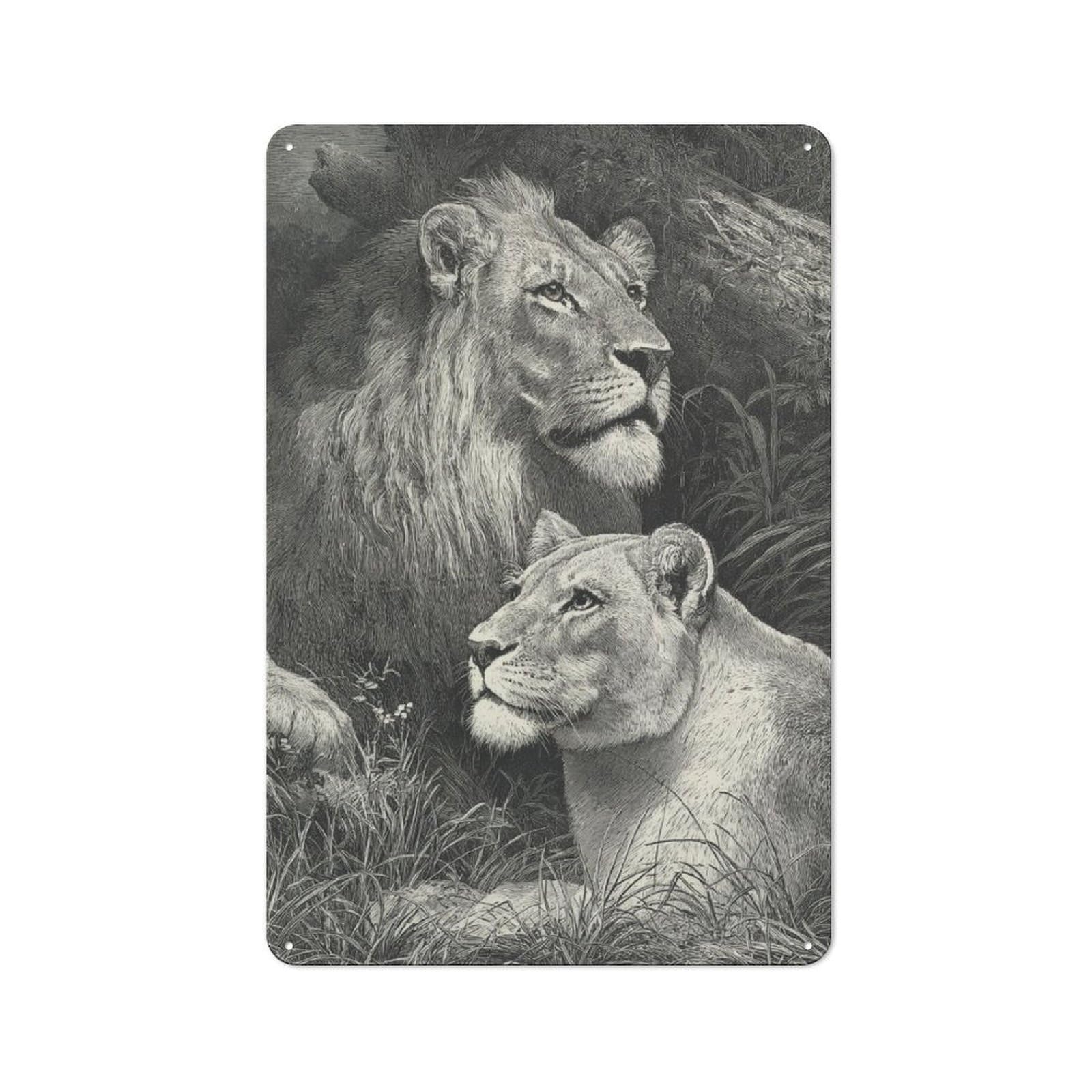 Vintage Tin Sign 30x20cm with Lions in The Wild for Café Or Restaurant, Suited to Wall Displays in Cafés And Restaurants