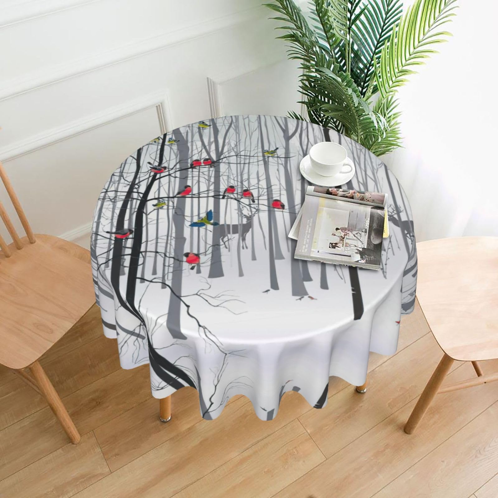 VCzsdff Snow Deer Bird Brich Tree Print Stain Resistant Round Tablecloth 60in Family Friendly Polyester Cloth for Kids Meals