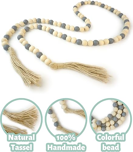 Miniatura 3 de Guirnalda de cuentas de madera con borlas, guirnalda de cuentas de madera de 61 pulgadas, decoración moderna de granja, decoración bohemia para el