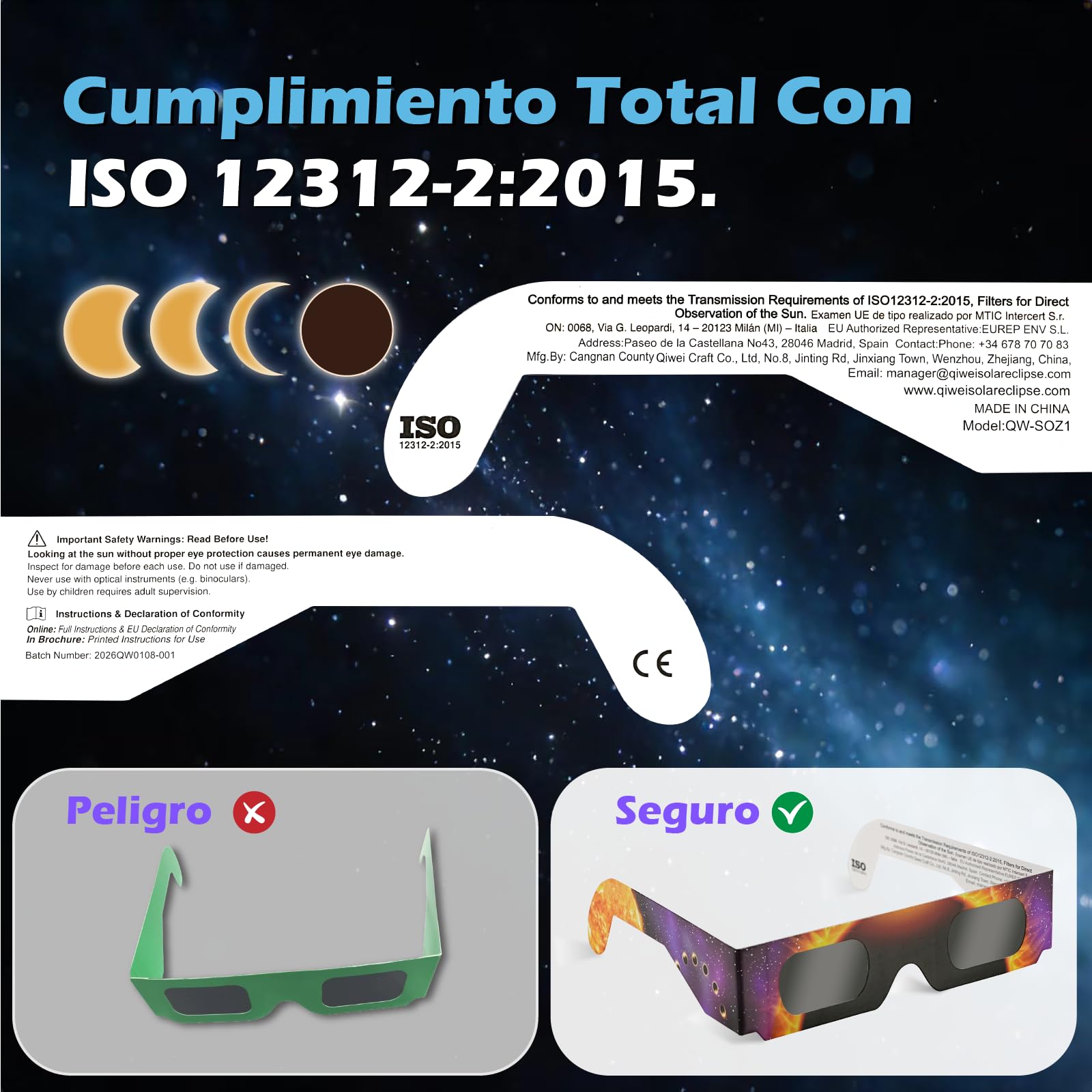 Gafas para Eclipse Solar QW-SOZ2，Certificadas EN ISO 12312-2, Visores Solares Seguros para Observación Directa del Sol, Filtros de Alta Definición