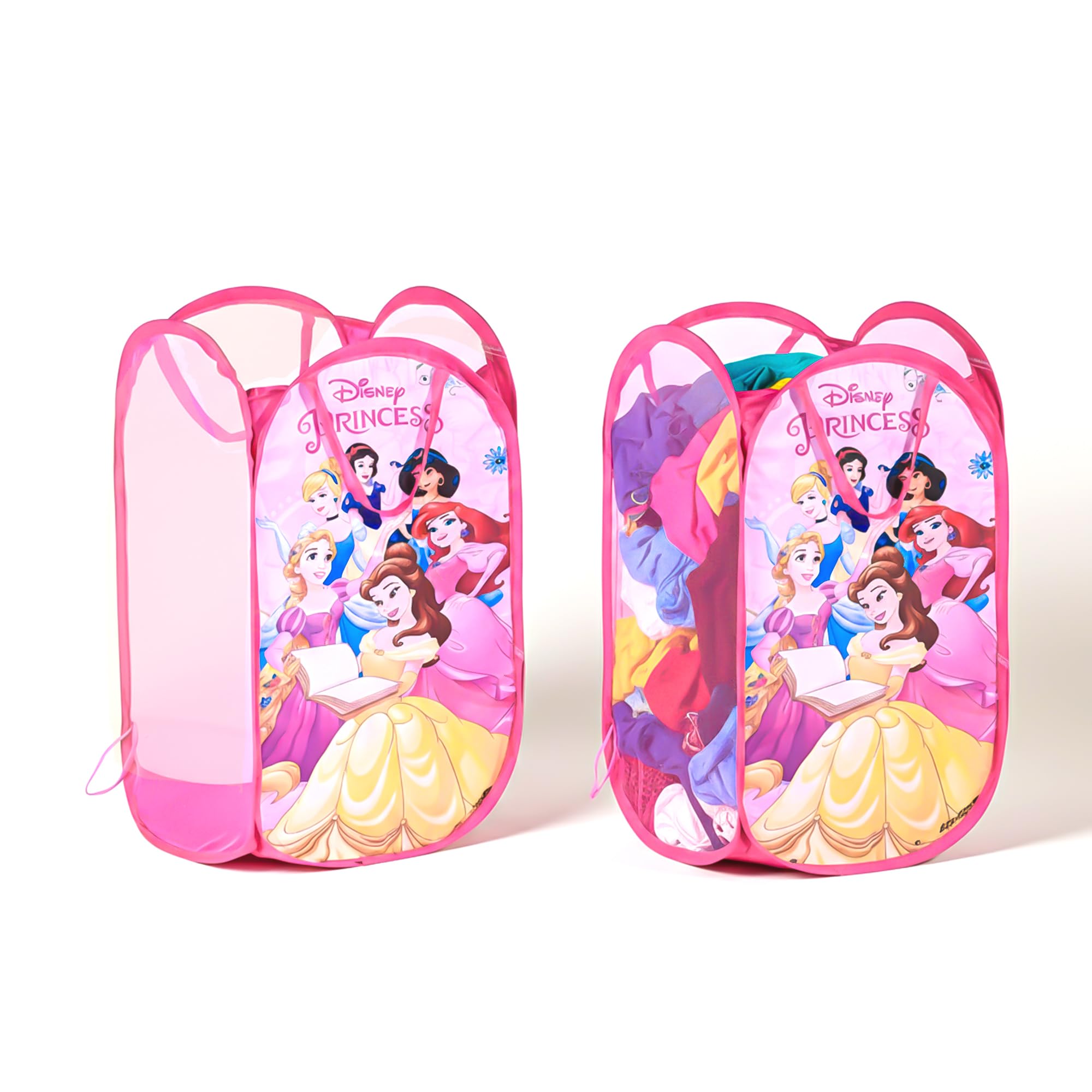 Kuber Industries 2 Pcs Nylon 30 Ltr Mesh Laundry Bag for Clothes with Handle | Multipurpose Toy Storage Organiser | Laundry Basket for Clothes | Princess Print - Pink