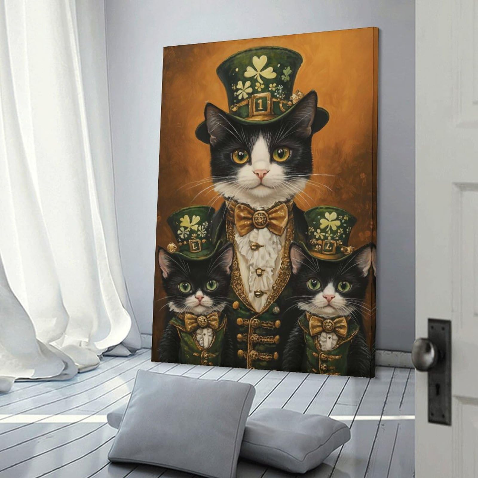 Junmoney St. Patricks Day Cats Portrait Hanging Wall Art, 12x18inch(30x45cm), for New Homes, Bedrooms Or Workspaces, Thoughtful Wall Decor for Art Lovers
