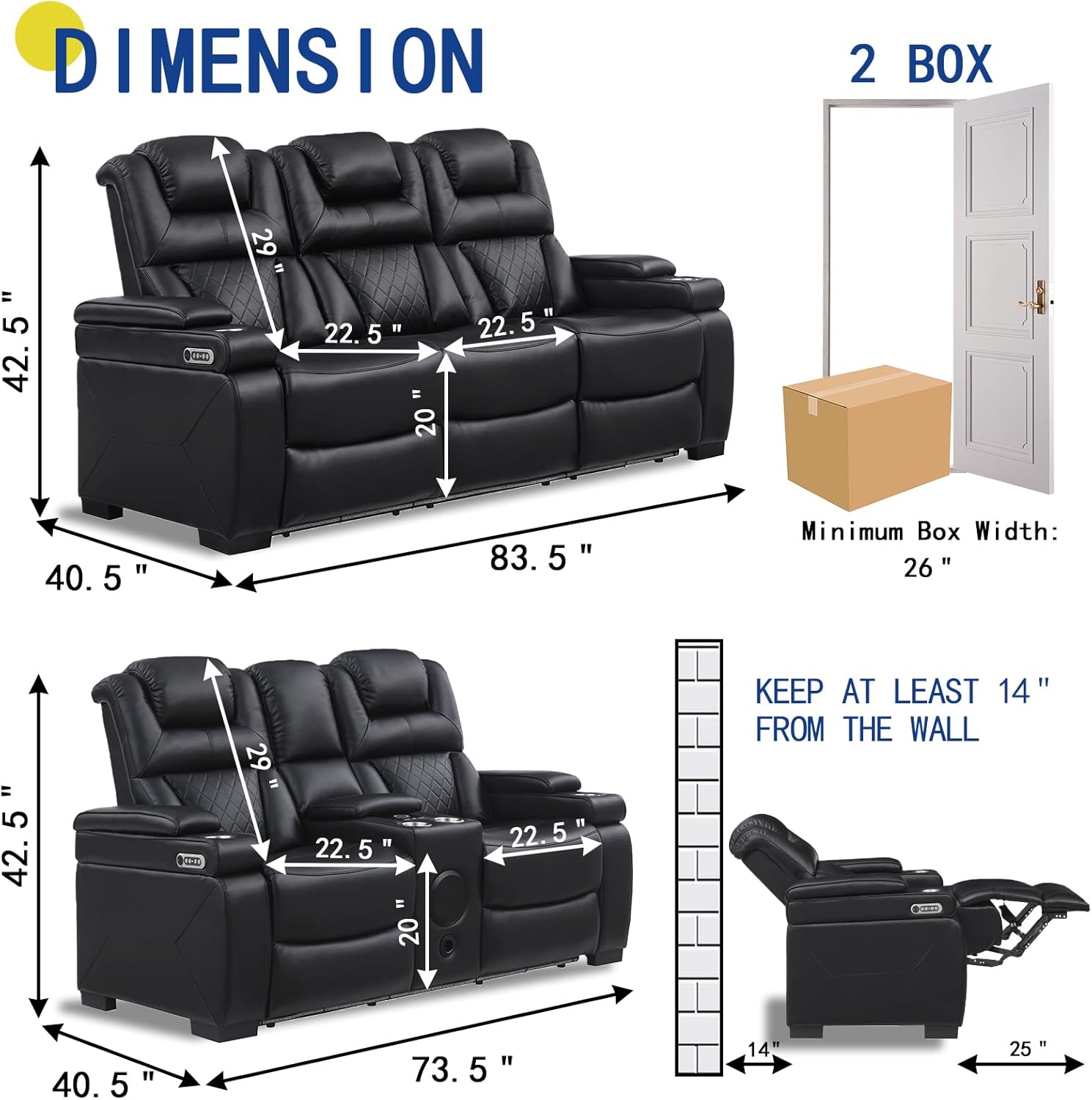 THSUPER Power Breathable Leather Reclining Sofa and Loveseat Set with 7-Color LED Light, Living Room Recliner Couch Set with Adjustable Headrest/Reading Light/USB Port/Bluetooth Speaker, Black