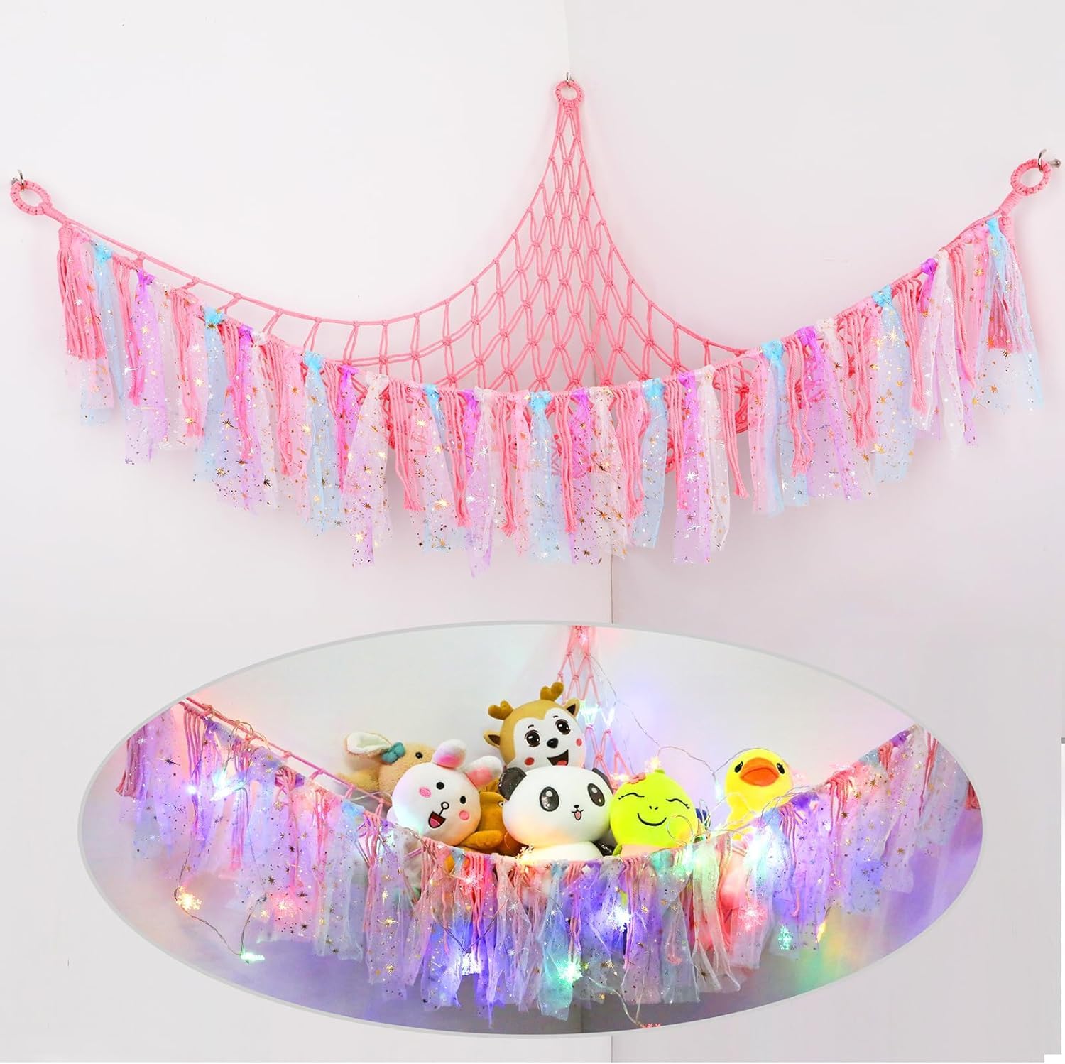Stuffed Animal Net or Hammock with LED Light, Toy Hammock Hanging Stuffed Animal Storage Organizer Holder with Tassels for Nursery Play Room Kids Bedroom