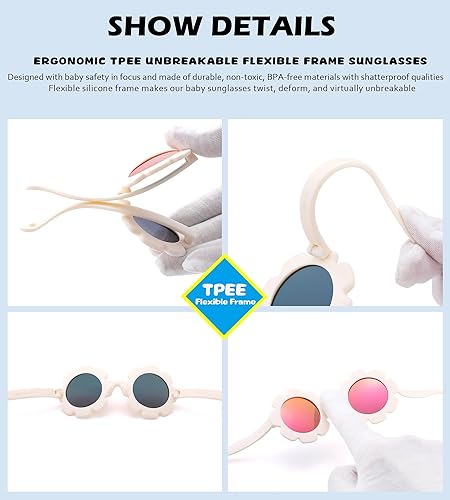 Miniatura 5 de NULOOQ Gafas de sol polarizadas para bebé con correa Gafas de sol flexibles en forma de flor para niños pequeños y bebés de 0 a 24 meses