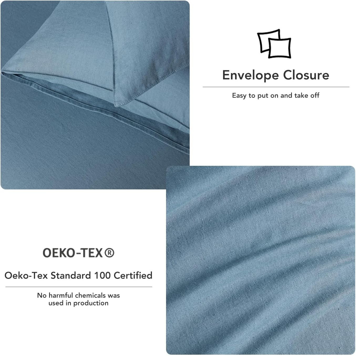 DAPU Linen Sheets Set Solid Color, Soft Breathable Sheets Set 4 PCs, Hypoallergenic French Linen Cotton Blend Bedding for Hot Sleepers(1 Flat Sheet, 1 Fitted Sheet and 2 Pillowcases)Bluish Grey, King