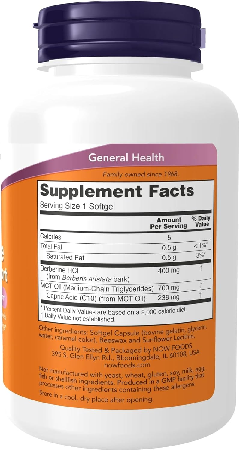 Now Supplements, Berberine Glucose Support, Combined with MCT Oil for Optimal Berberine Absorption, 60 Softgels