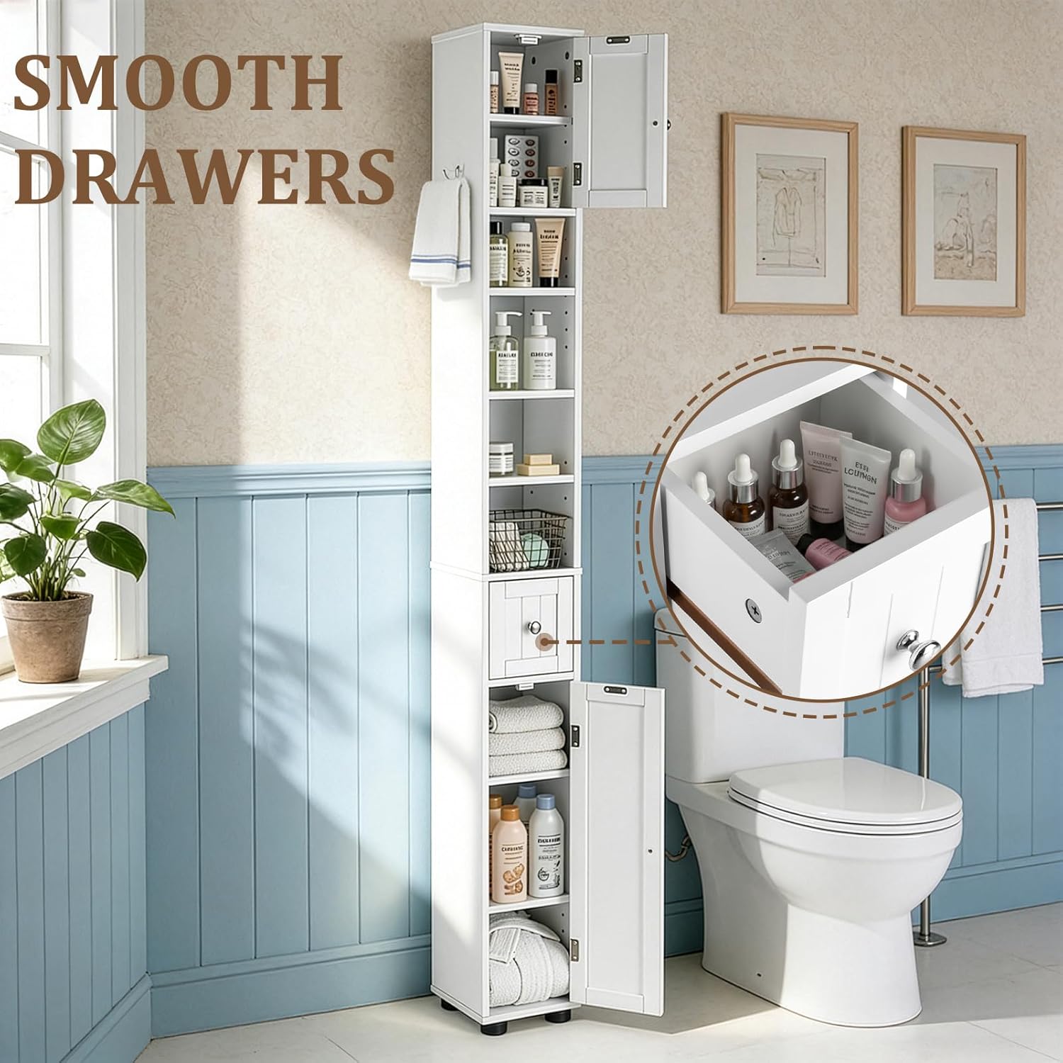 Karl home White Narrow Floor Storage Cabinet, Freestanding Storage Unit with 1 Drawers & 2 Doors, Thin Toilet Organizer for Small Spaces，for Entryway, Bathroom