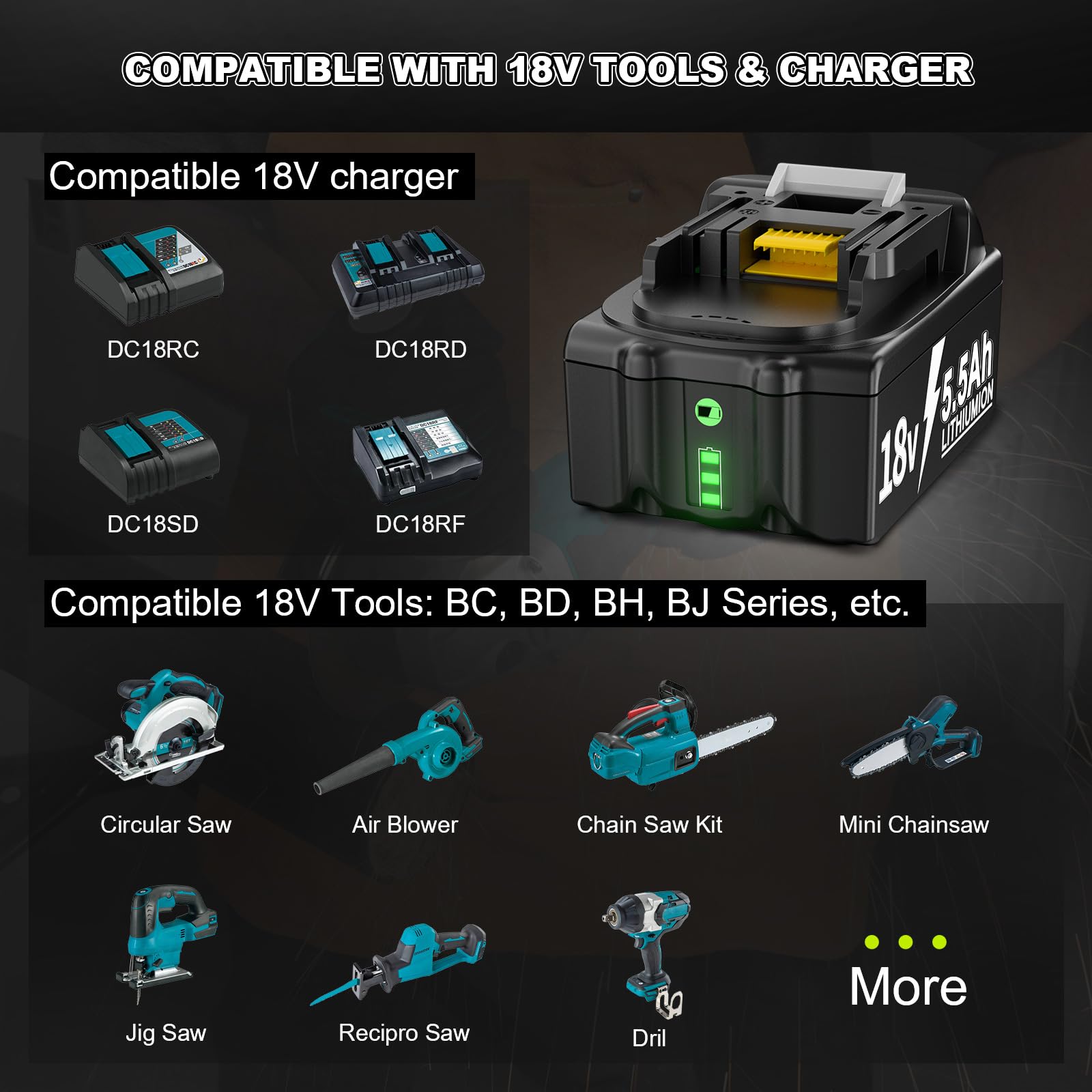 Powtree 2X 18V 5.5Ah Akku für Makita, Ersatzakku für Makita 18V BL1860B | Kompatibel mit BL1860 BL1850 BL1850B BL1840 BL1840B BL1830 BL1830B BL1815 LXT Akku-Elektrowerkzeuge mit LED-Anzeige
