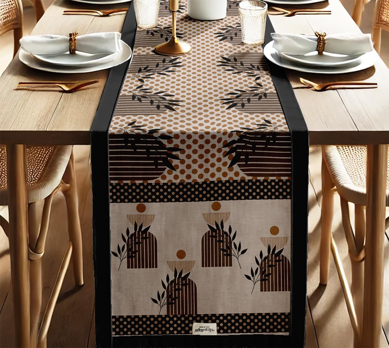 Handcrafted Double Layer Cotton Table Runner - Vargottam Fabric Table Linen with Border - Machine Washable, Stylish Runner for Dining & Console Tables - Geometric