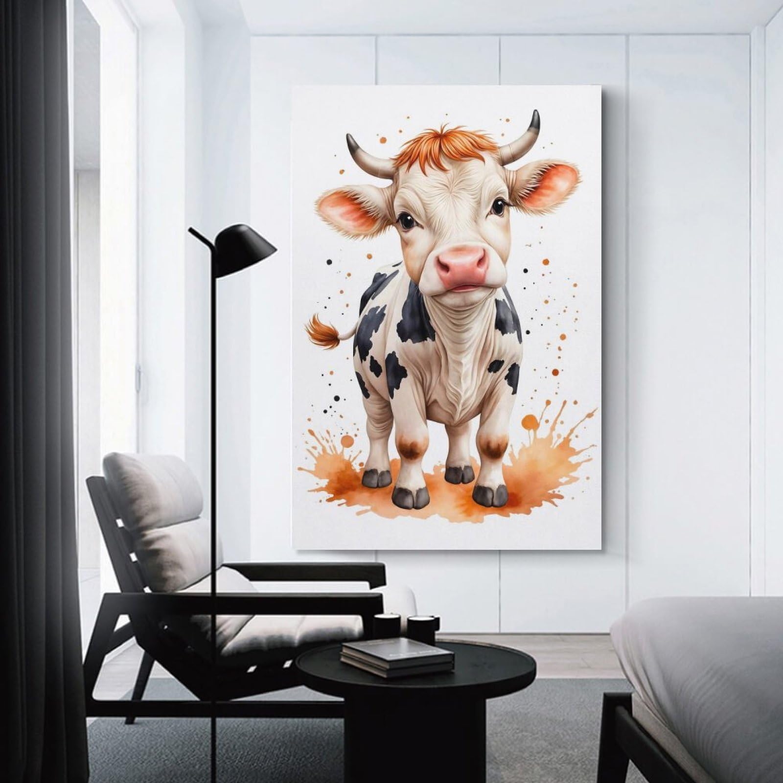 Junmoney Unframe-Style-9 Canvas Wall Picture Cute Cow Watercolor, 24X36inch(60X90cm), For Home Lounge, Bedroom Or Reading Nook, A Home Accent With Warm Character