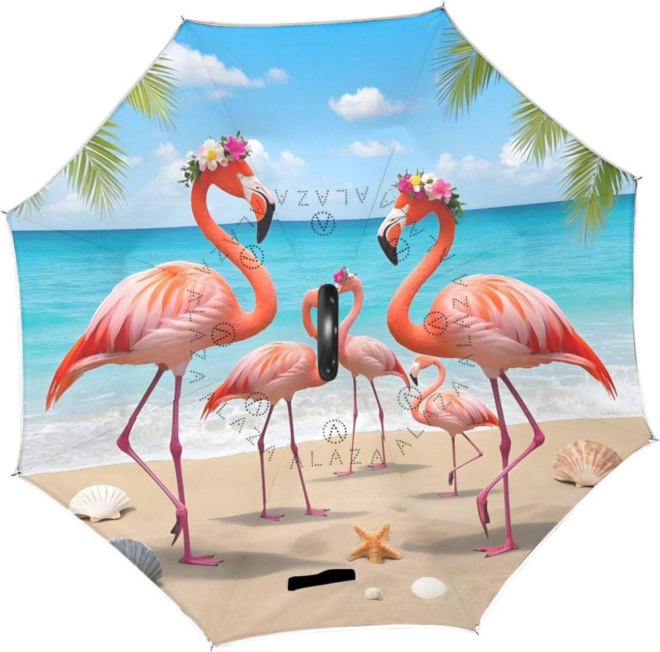 Flamingo Wearing Wreath Beach Inverted Umbrellas for Rain Windproof Reverse Upside Down Golf Umbrella with C-shape Handle for Men Women