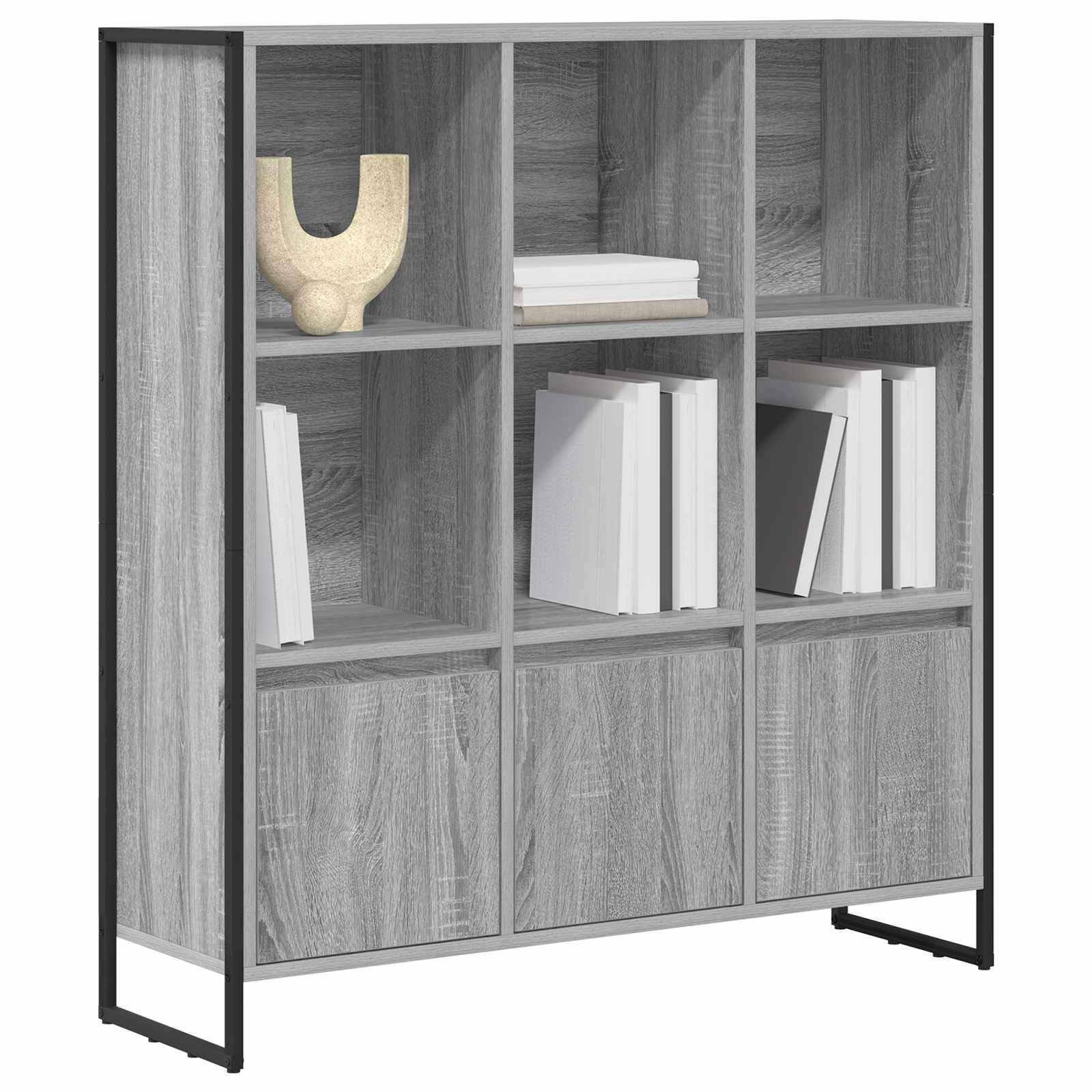 Regał na książki Sonoma szary materiał drewnopochodny, 99,5 x 30 x 108 cm, z 18 przegródkami i 6 drzwiami, nowoczesny regał do salonu, trwały, uniwersalny, do biura i studia