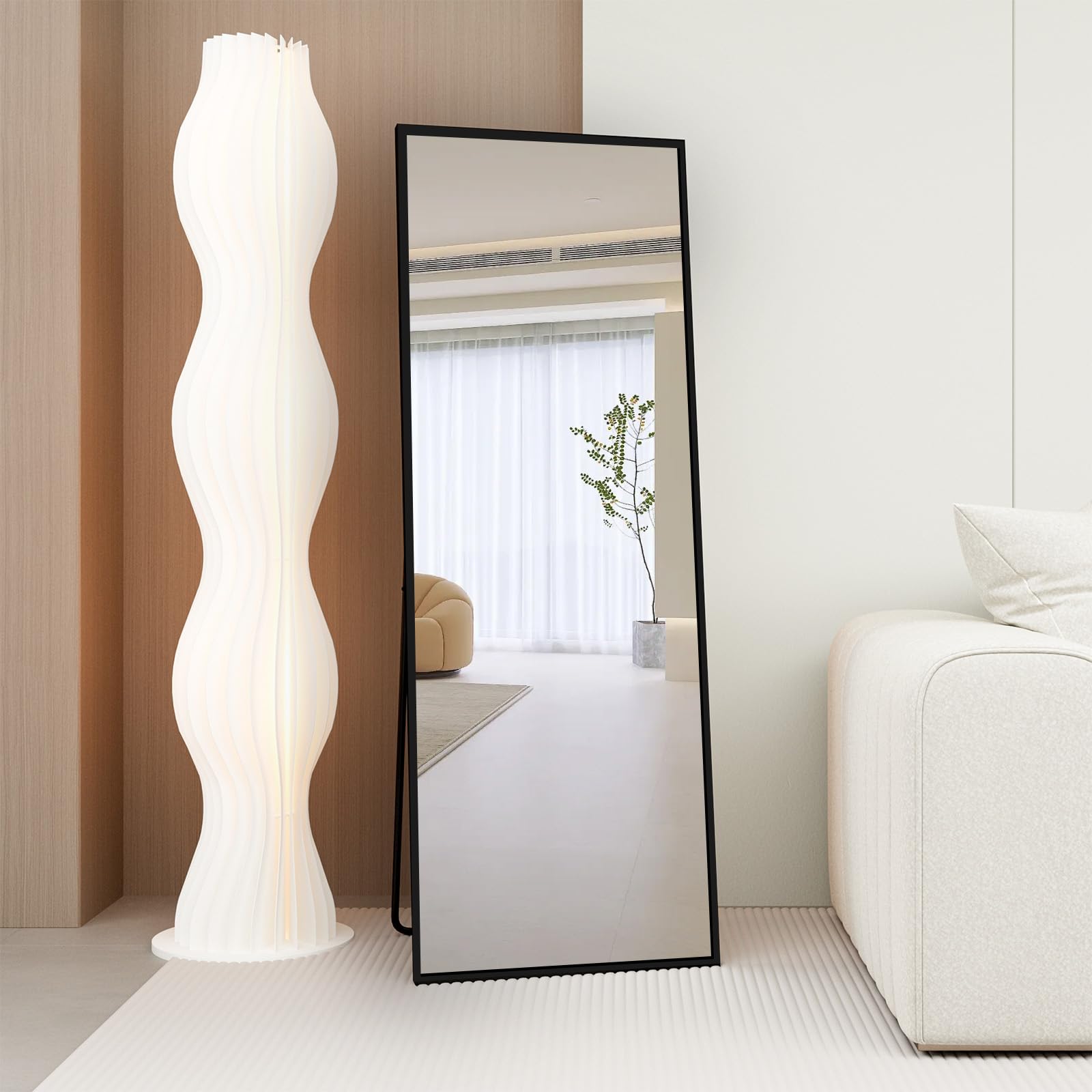 Miroir sur Pied 140x50cm Cadre Métal Noir Grand Miroir Mural HD Crochets Salon Chambre Dressing