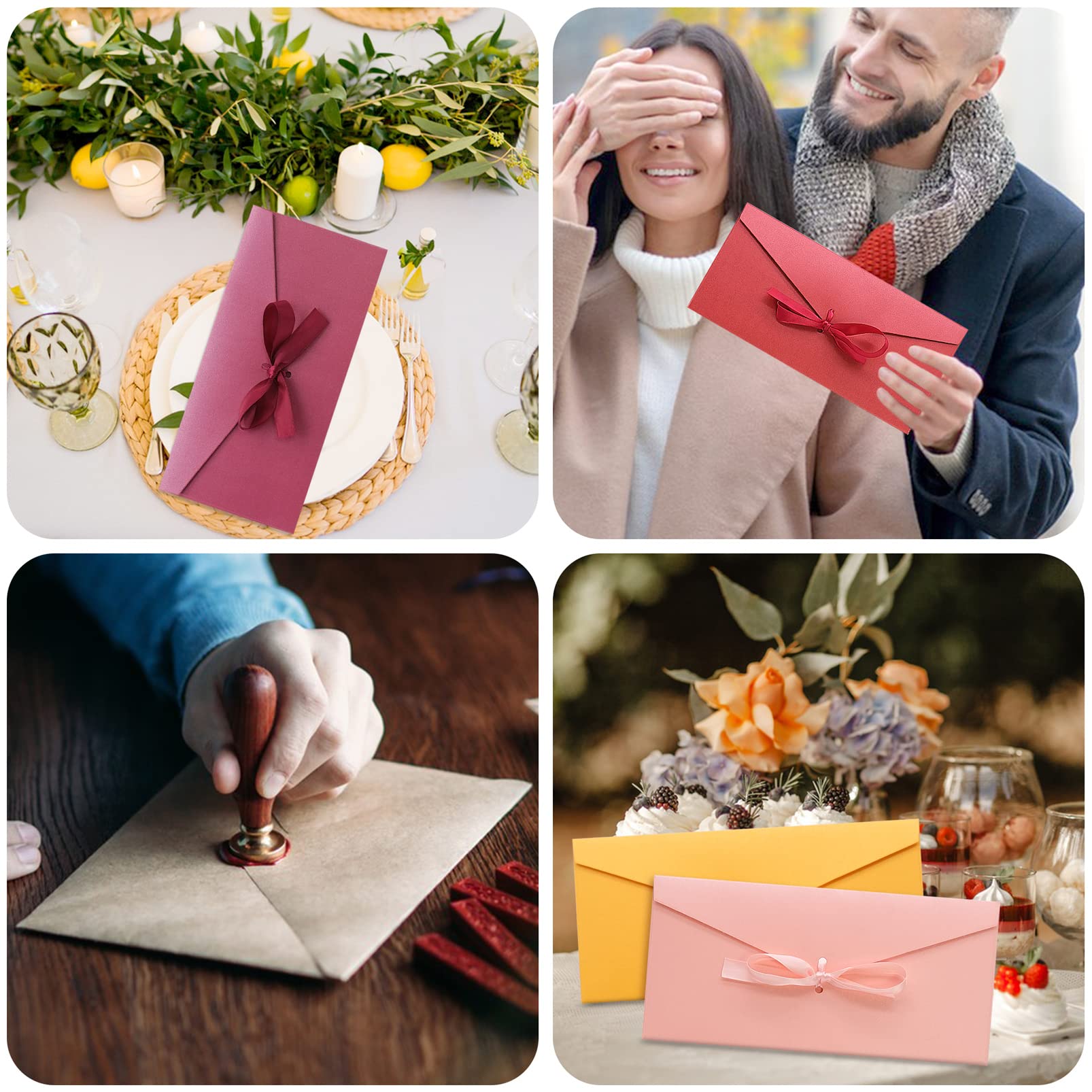 9 Buste Retrò Colorate Con Nastro - Carta Perlacea 22x10,8 Cm Per Matrimoni E Feste
