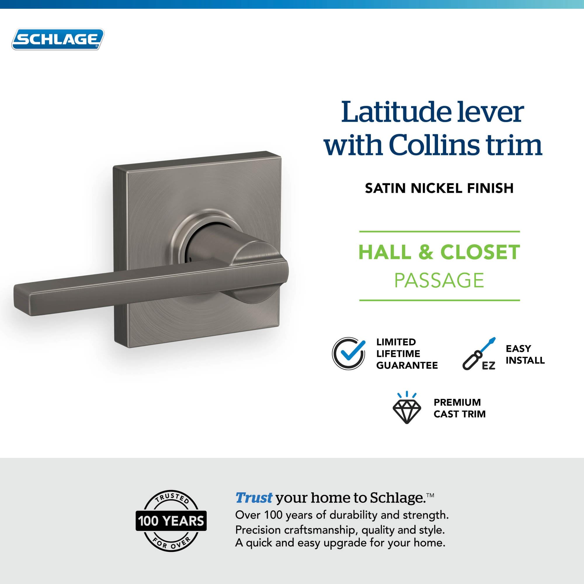 SCHLAGE F10 LAT 619 COL Collins Trim Latitude Hall and Closet Lever, Satin Nickel - Image 4