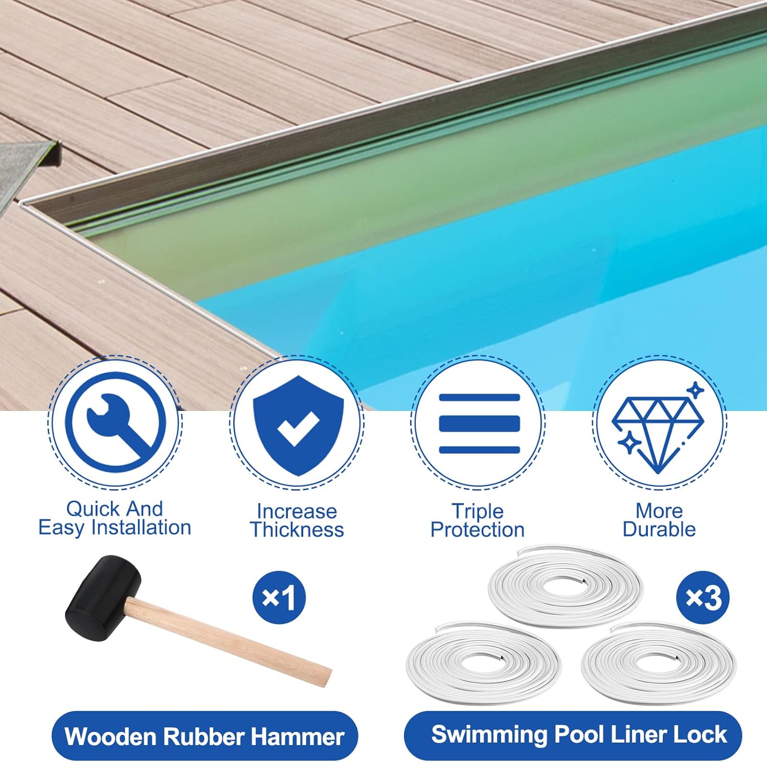 Preboun 180 ft Swimming Pool Liner Lock Roll Pool Bead Lock White Pool Liner Bead Wedge Lock Flexible Beaded Pool Liner Clips Bead Lock for Above Ground Inground Pool Fiberglass Pool