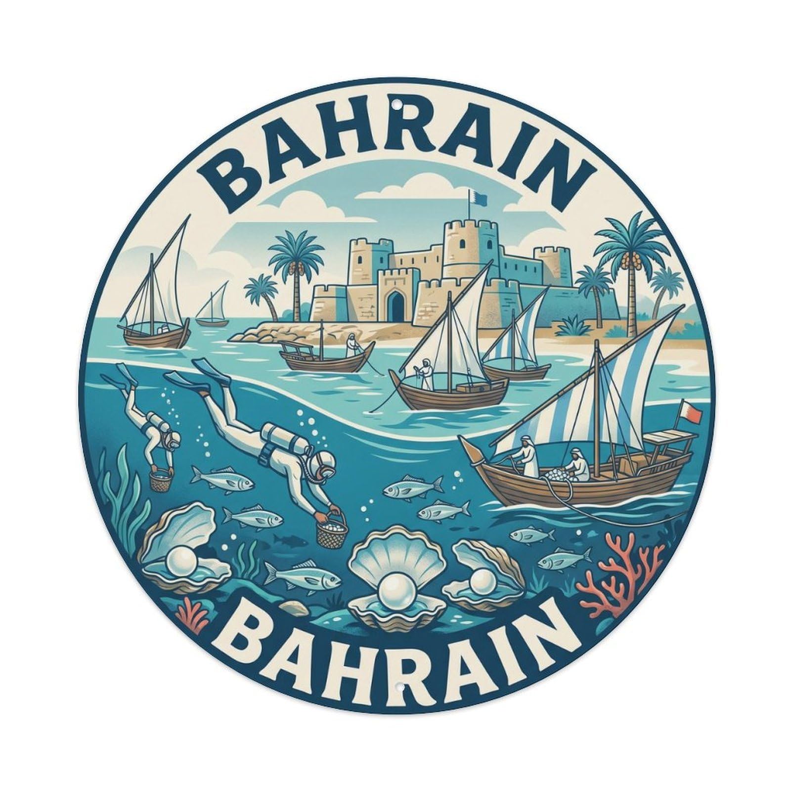 Vintage Travel Bahrain Pearl Diving Vintage Metal Tin Sign Plaque Wall Decor for Cafe, Club Bar, Office, Garden Metal Poster 8x8Inch