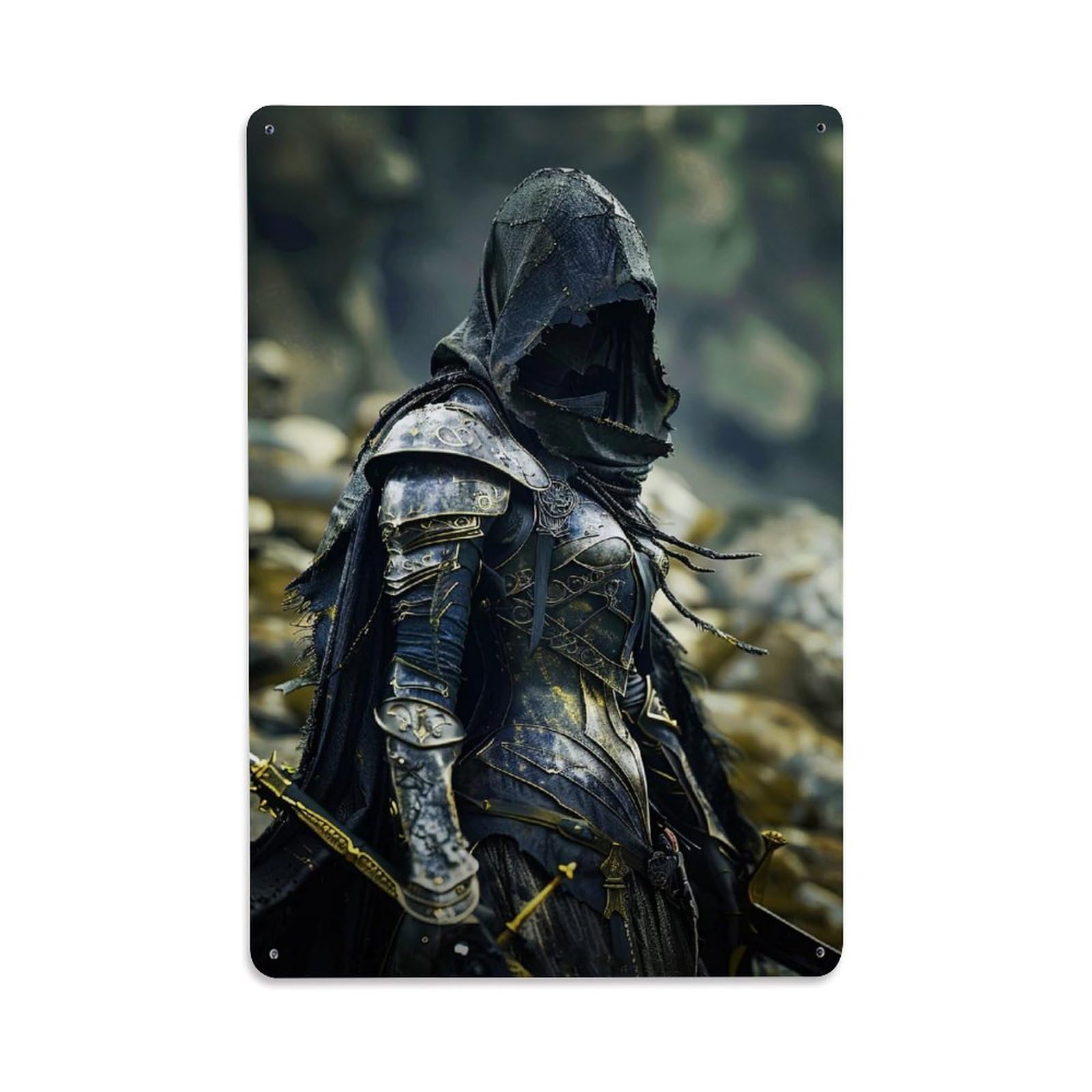 Spiritual Symbol Gothic Knight Sacred Zen Medieval Armor Metal Tin Sign Plaque Wall Decor for Cafe, Man Cave, Club Bar, Office, Home Garden Round Metal Poster 8x12Inch