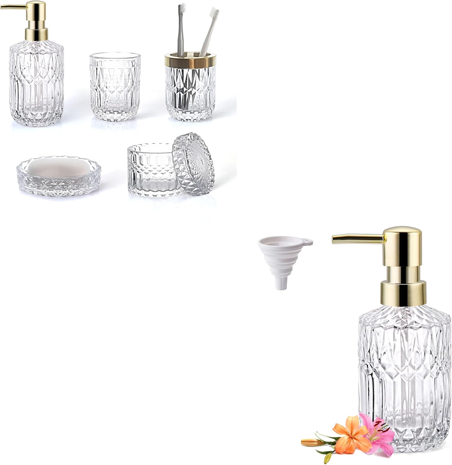 Bathroom Accessories Set, 6 Pcs Clear Glass Lotion Dispenser Set, Soap Dish, Toothbrush Holder, Tumbler, Cotton Swab Jars, Modern Bathroom Decor and Crystal Glass Gift Set, Clear White