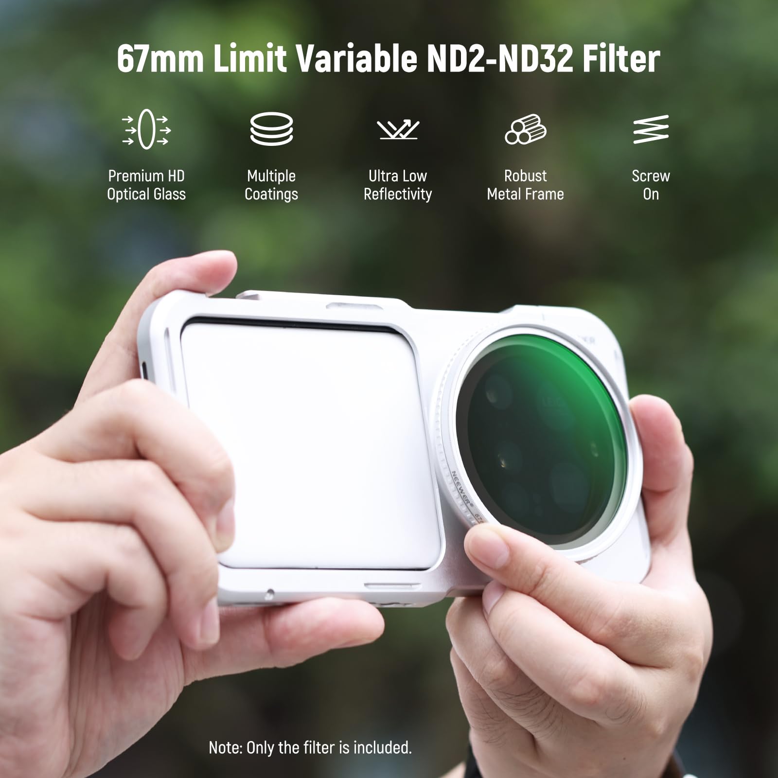 NEEWER Zmienny filtr ND 67 mm, regulowany ND2-32 (1-5 przystanków) wielowarstwowe szkło optyczne HD, srebrna smukła ramka ze stopu aluminium do obiektywu aparatu i telefonu, klips filtrujący nie jest