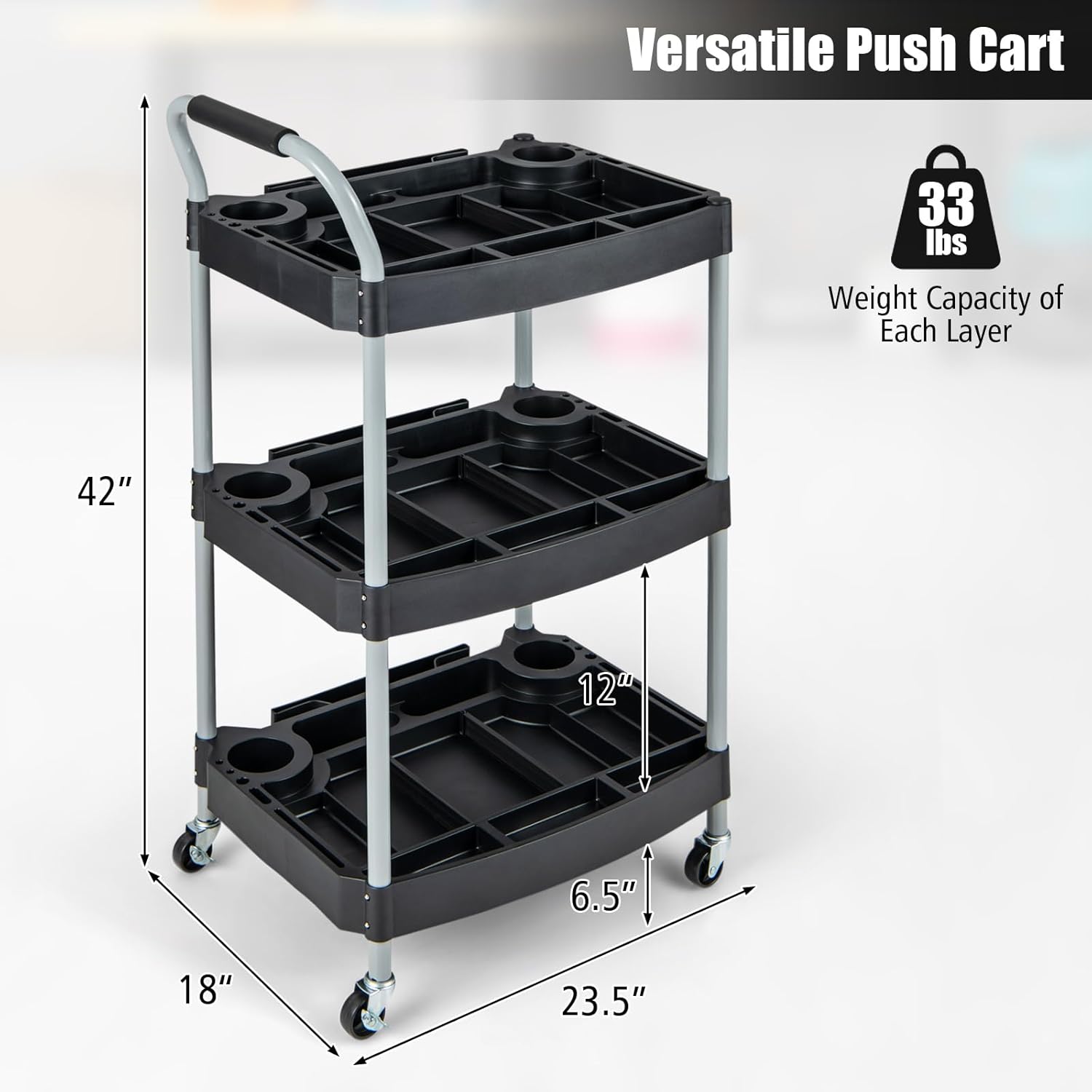 Goplus 3-Tier Rolling Cart, Mobile Tool Cart with Built-in Organizer Divider, Universal Lockable Wheels, Sponged Handle, Utility Cart for Home Garage Workshop (23.5" x 18" x 42")