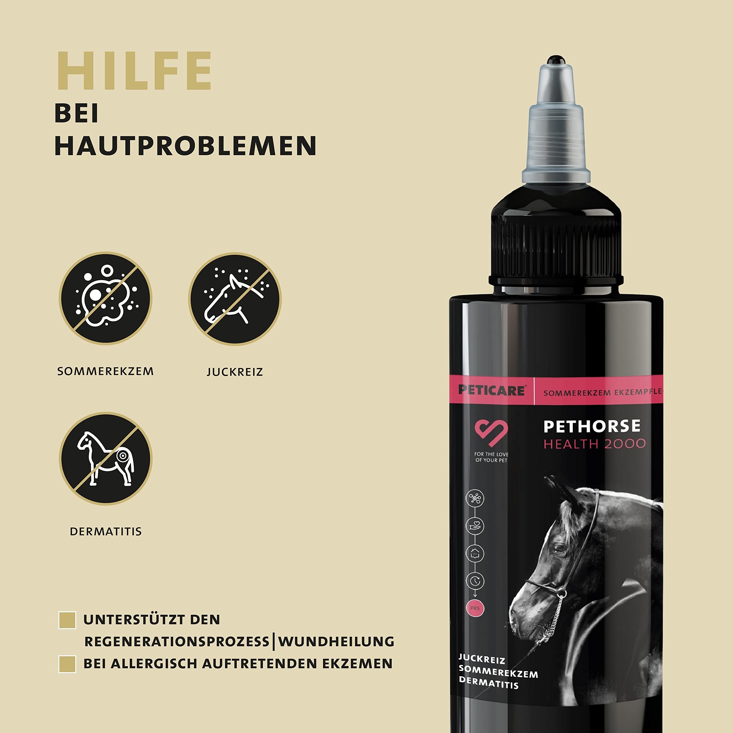 Peticare Spezial-Mittel für Pferde | bei Sommerekzem Dermatitis Ekzem | lindert effektiv Juckreiz & unterstützt Regenerationsprozess, einzigartiges PRS® System für lange Wirkung – petHorse Health 2000