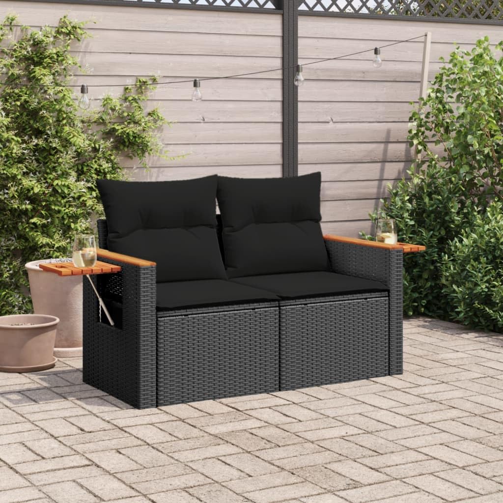 IKAYAA Divano da Giardino 2 Posti con Contenitore Divanetto da Esterno 2 Posti Salotto da Giardino in Polyrattan con Cuscini per Seduta e Schienale-Nero-con Contenitore