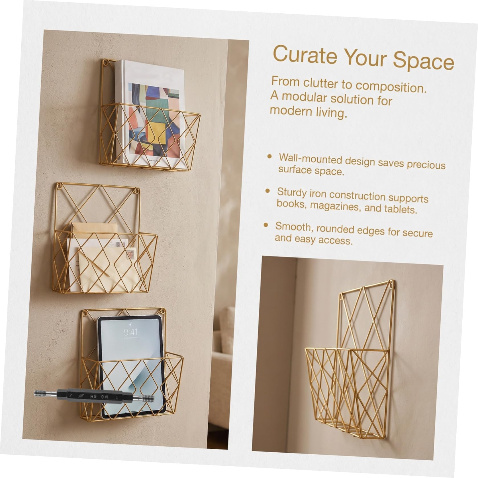 3 Piezas Organizador de Archivos de Pared de Hierro Dorado Compartimentos
