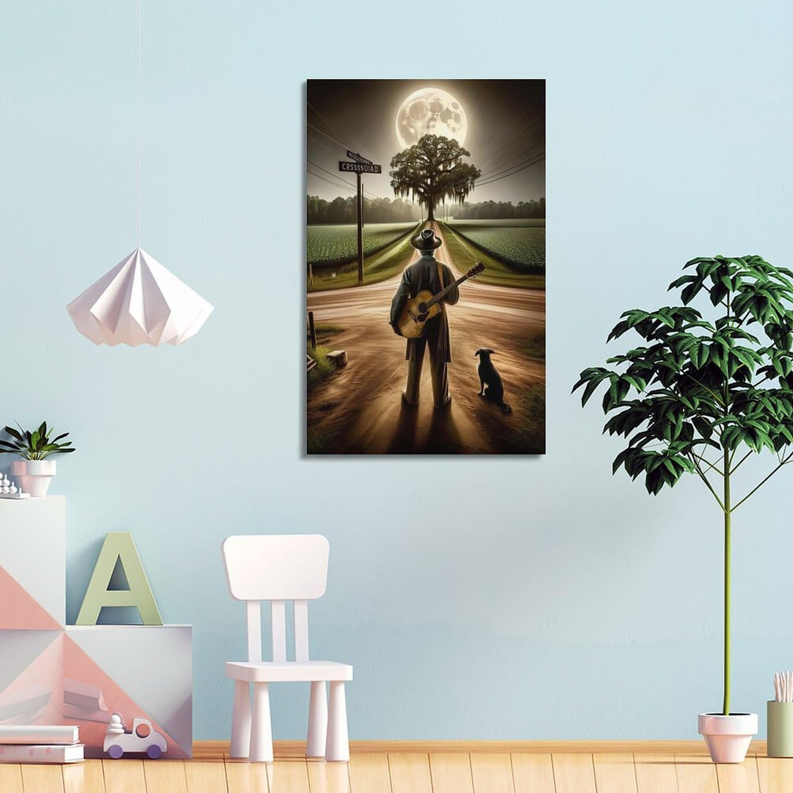 CWLLOG Stampe artistiche da parete su tela, poster con musica country chitarrista su strada al chiaro di luna, stile moderno, decorazione per soggiorno e camera da letto, 40 x 60 cm