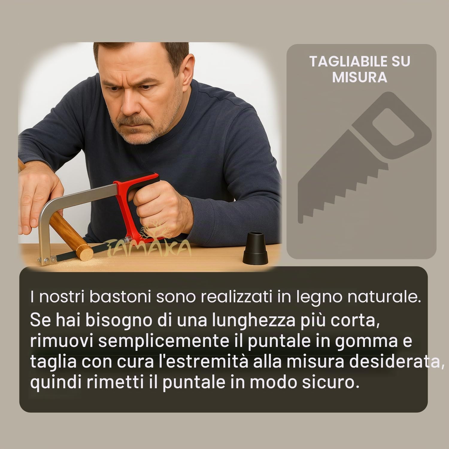 TAMAKA Bastone da passeggio da uomo realizzato a mano, manico bruciato, in legno, con colletto, 94 cm