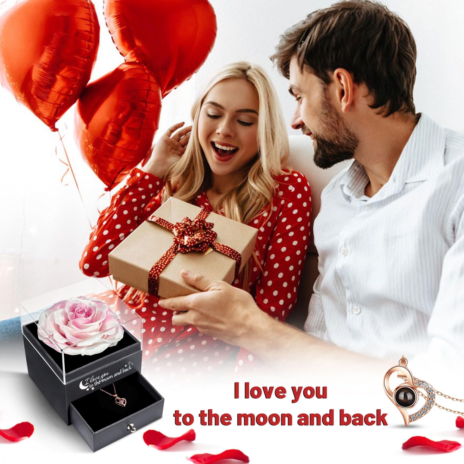 Yamonic Rosa Eterna Regalo Donna,Rosa Stabilizzata con Collana Donna,Regali San Valentino per lei,Idea Regalo per Lei,Confezione Regali Compleanno Anniversario Festa della Mamma Natale