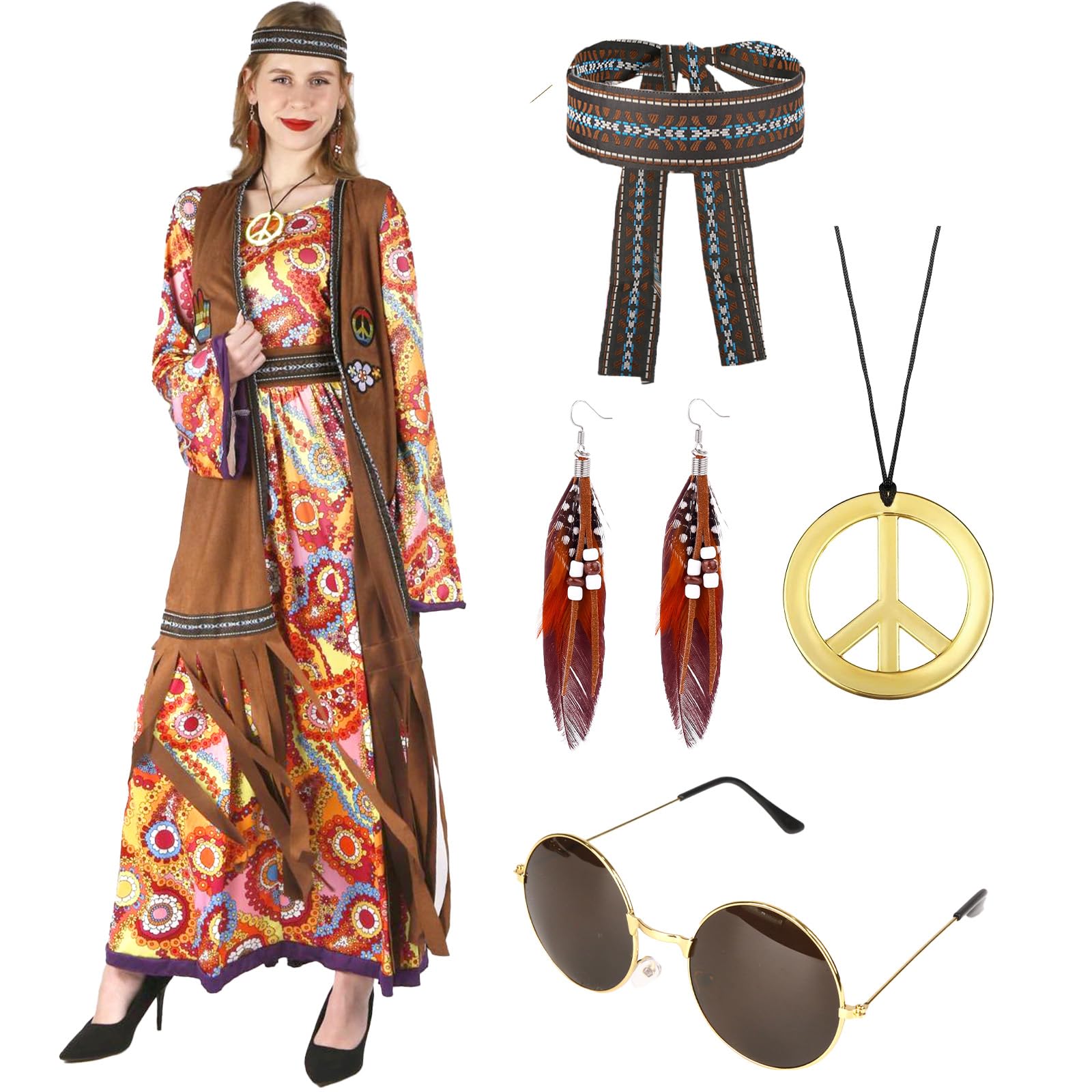 Disfraz Hippie Mujer, Ropa Hippie, Pantalones Acampanados con Accesorios, Ropa de los años 60 y 70 para Mujer, Vestido de Discoteca para Carnaval, Fiestas de juegos de rol