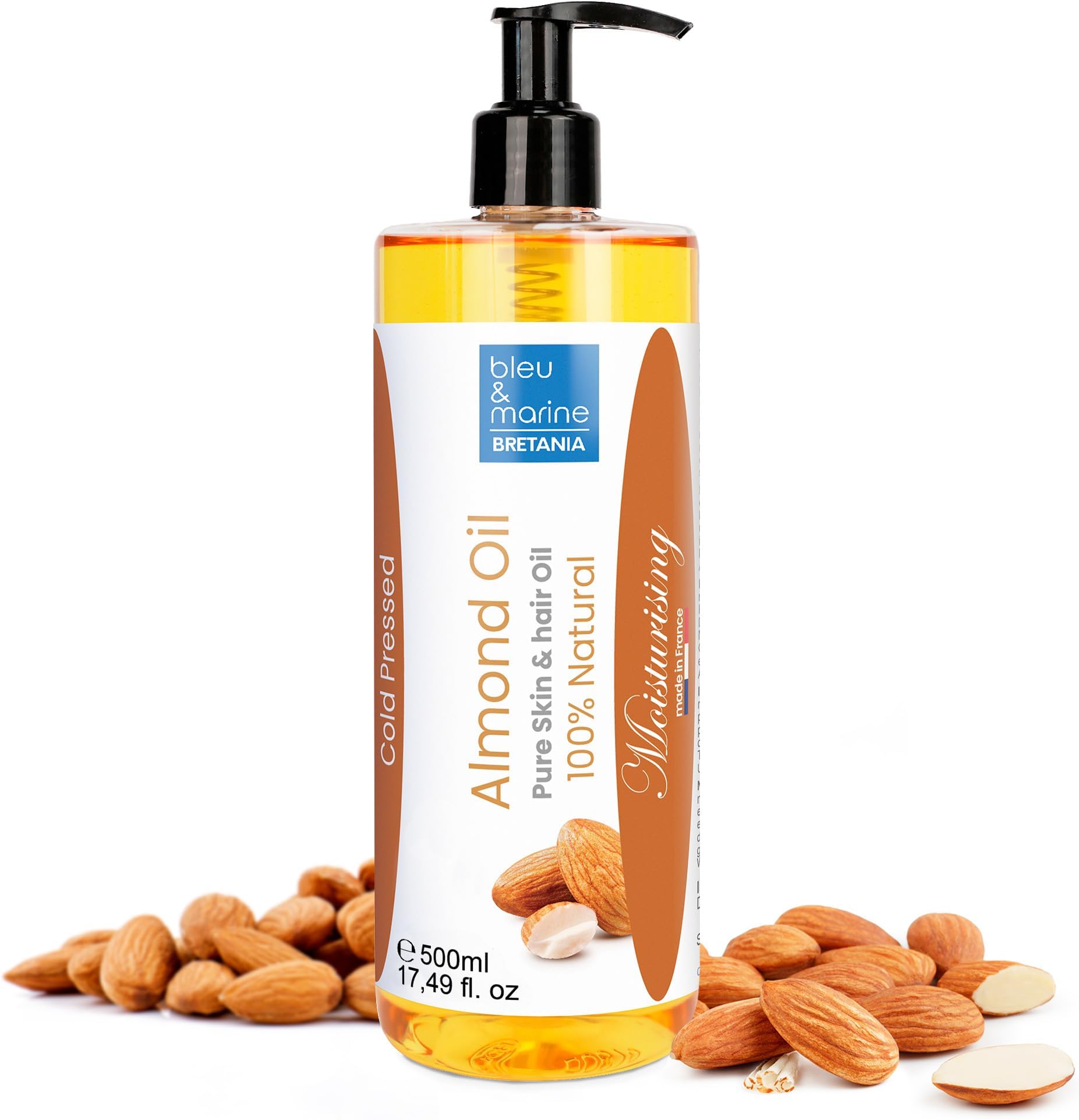 Bleu & Marine Bretania - Pure Cold Pressed Sweet Almond Oil 500ml | Massage, Moisturiser, Hair Repair, Stretch Marks Preventive, Makeup Remover, Orange, Pack of 1