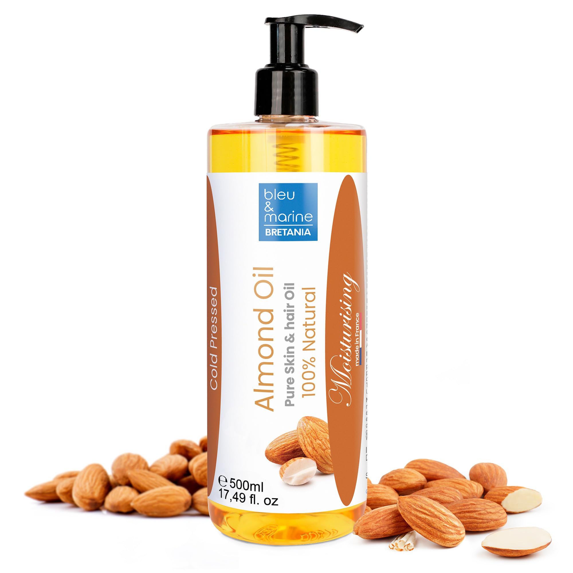 Bleu & Marine Bretania - Pure Cold Pressed Sweet Almond Oil 500ml | Massage, Moisturiser, Hair Repair, Stretch Marks Preventive, Makeup Remover, Orange, Pack of 1