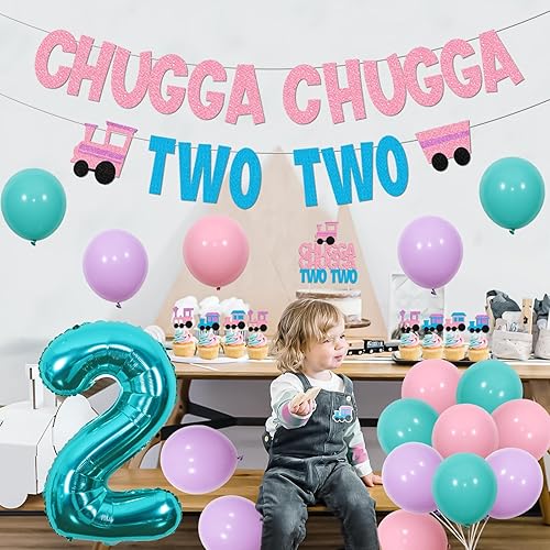 Vista 3 de Decoraciones de cumpleaños de tren para chugga chugga dos dos años de edad, suministros de fiesta para niñas con Chugga Chugga dos dos pancartas