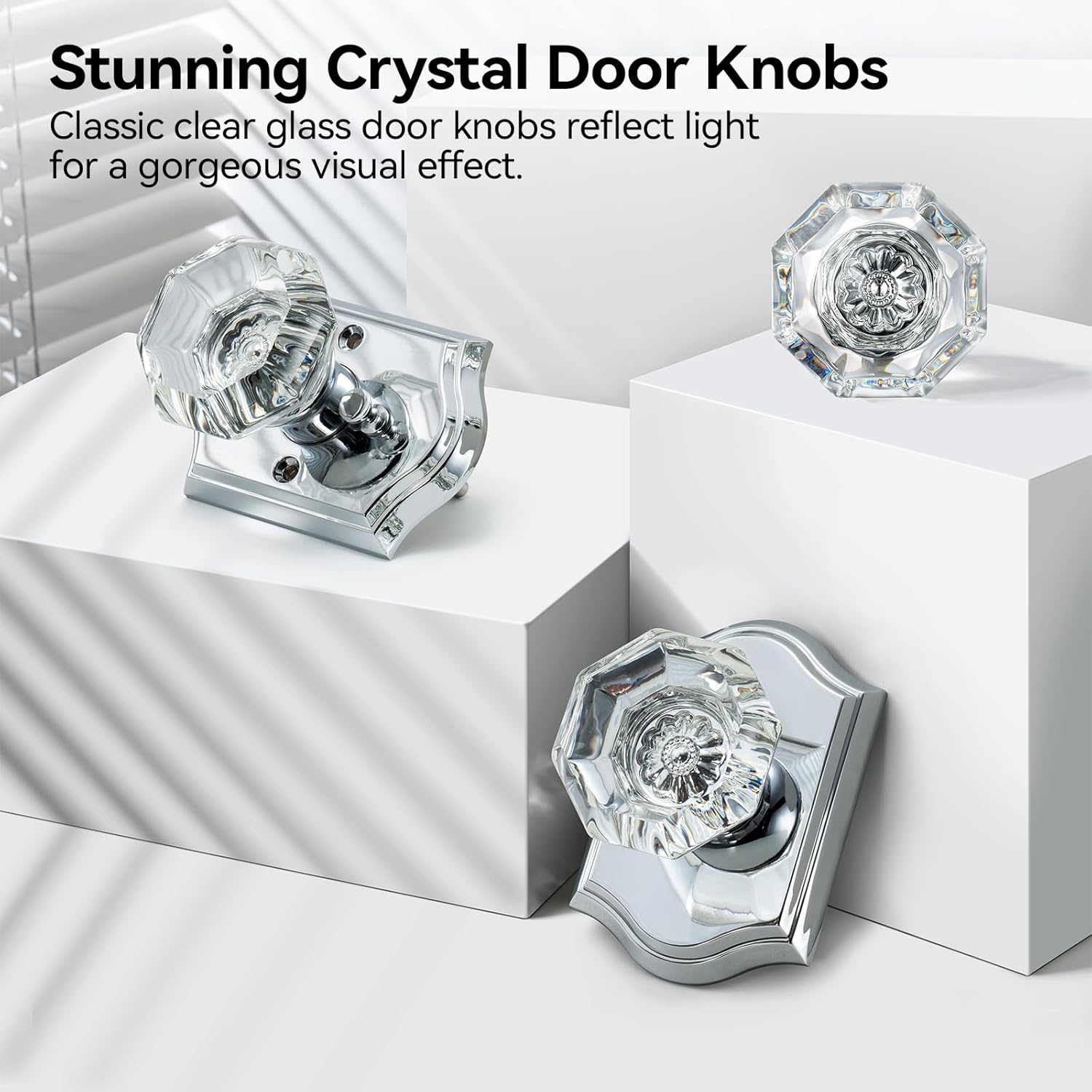 3 Pack Glass Door Knobs, Polished Chrome Crystal Door Knobs Interior with Lock, Modern Octagon Doorknobs for Bedroom Bathroom Interior Door, Crystal Door Knob