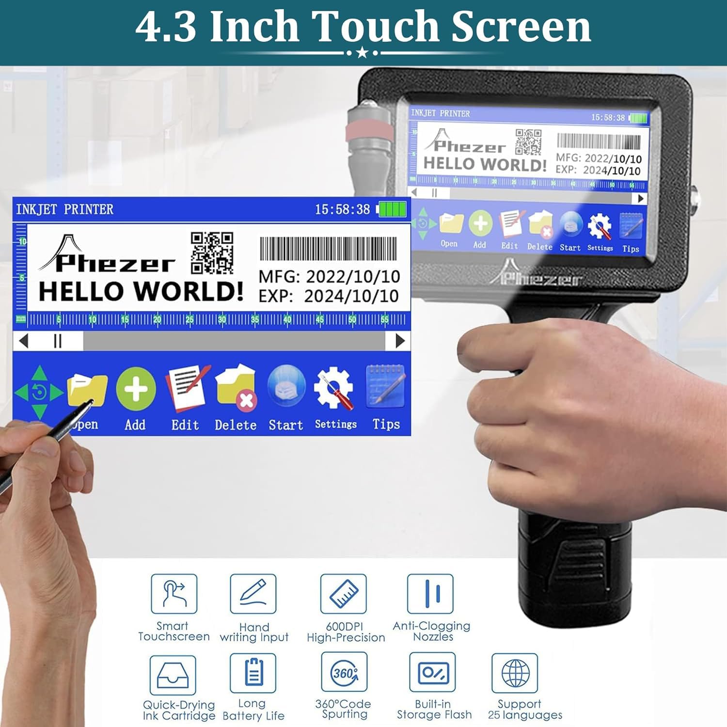 Phezer Imprimante à Jet d’Encre Portative Modèle P16 Améliorée pour Toutes Les Surfaces Buse de 0,5 Pouce, Machine de Codage Intelligente à 360° pour Date d’Expiration, Code-Barre, Logo, Label