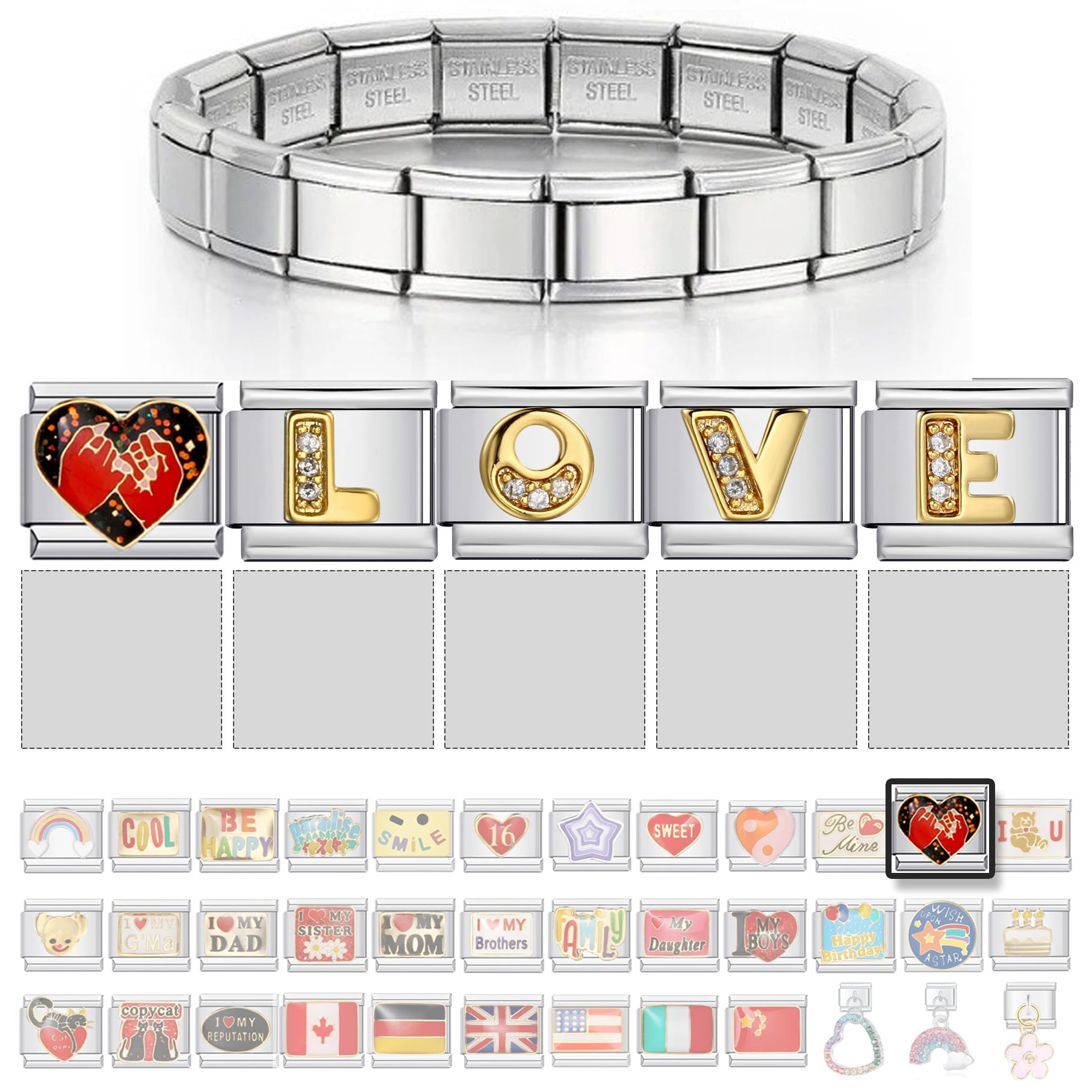 Customized Italian Charm Bracelet – Select a Starter with Icon and Letter Charms,Personalized Name Bracelet Gift for Women,Men,Love,Mom,Daddy,Family,Friends