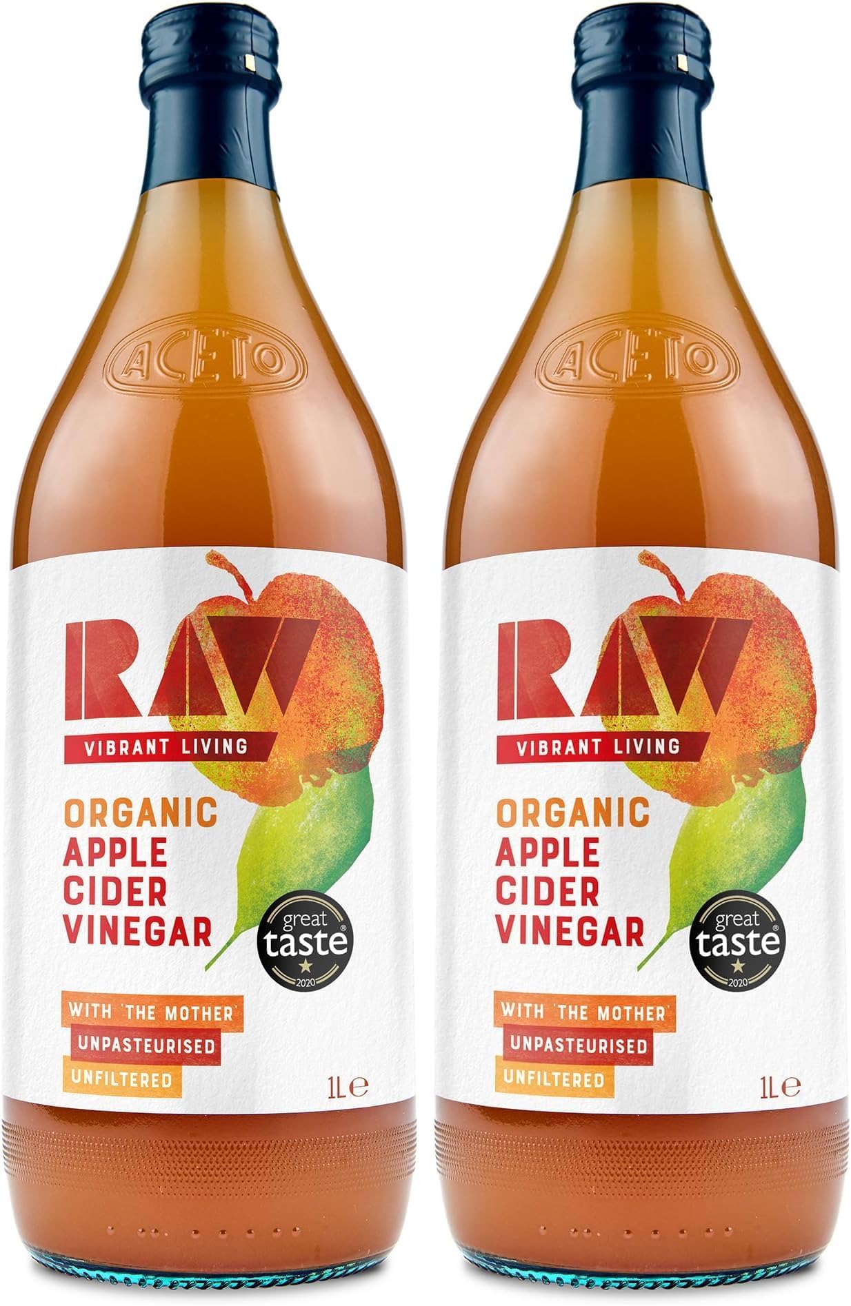 Raw Organic Apple Cider Vinegar with the Mother - Raw, Unpasteurised and Unfiltered - Gut Health, Aids Digestion - Naturally Vegan, 1 l (Pack of 2)