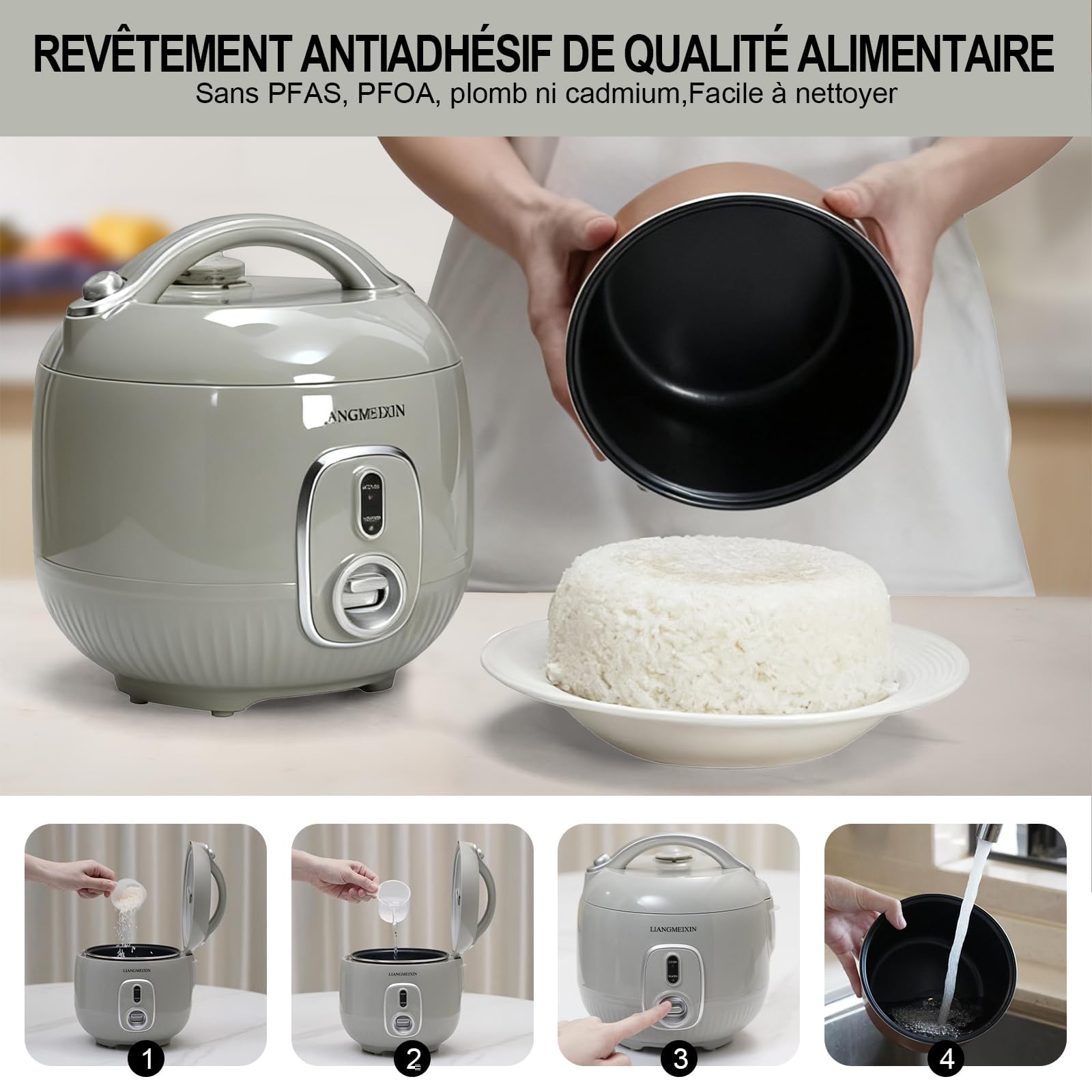 Durable Cuiseur de Riz, 0.8L Petit Cuiseur à riz Convient Pour 1 à 3 Personnes,Automatique, Maintien au chaud, Sans surveillance, Cuve antiadhésive, Nettoyage facile, Panier vapeur