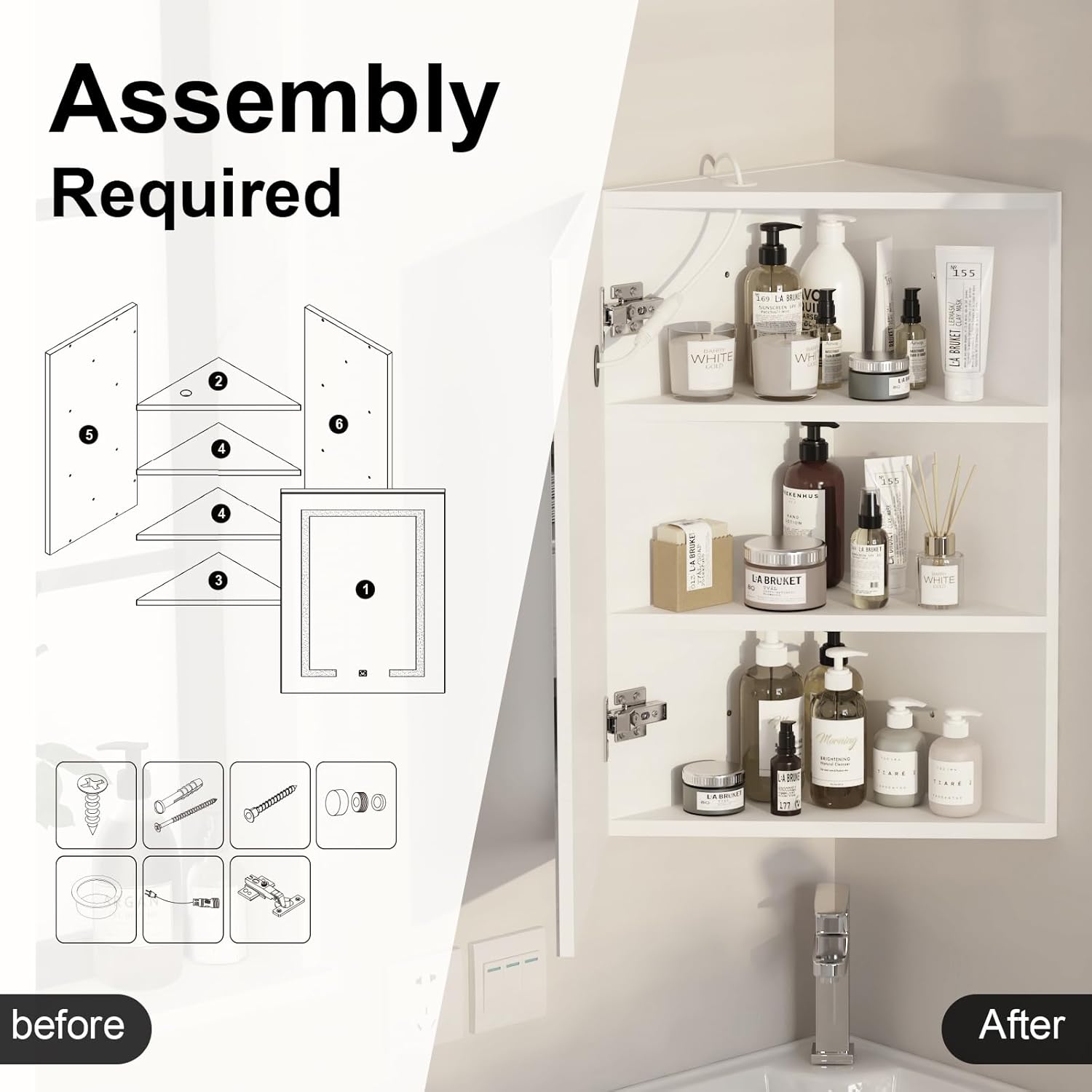 Corner Medicine Cabinet with Mirror,Lighted Medicine Cabinet with 2 Storage Shelf, 24" Bathroom Mirror Cabinet,Wall Mounted,Opens Right to Left,White,24" x16"