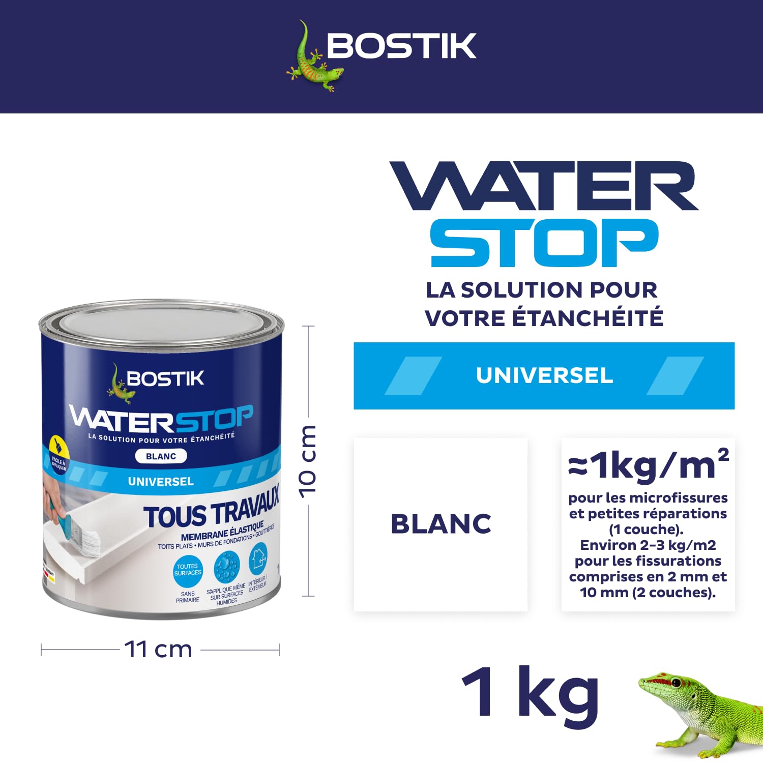 Bostik Membrana de sellado Waterstop - Junta, pegamento, boca - Reparación de fugas, infiltraciones, grietas - todos los materiales - Directa sin imprimación - MS Polímero - Blanco - Bote 1 kg