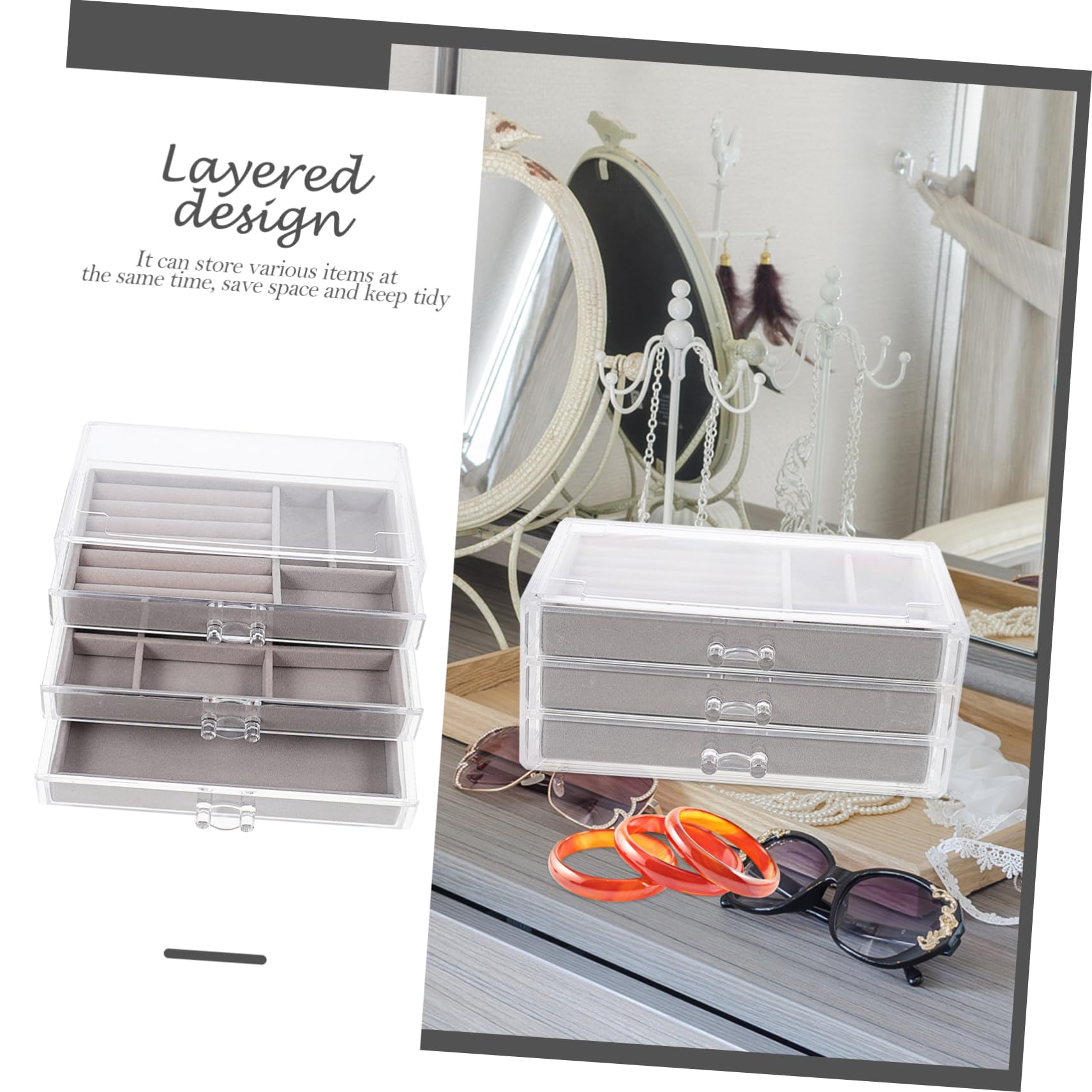 BESPORTBLE Scatola Porta Accessori 3 Scomparti in Plastica e Pelucchi, Organizer da Scrivania per Accessori e Piccoli Oggetti, Design Salvaspazio per Camera da Letto