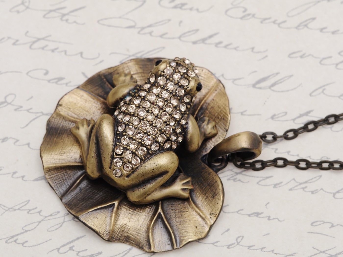 Alilang Brass Tone Topaz Crystal Rhinestones Lotus leaf Frog Pendant Necklace - Image 2