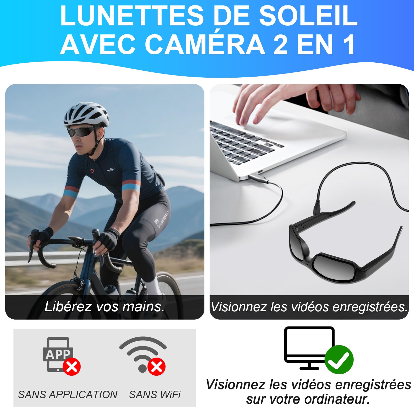 EJ.life Appareil photo à lunettes Sports de plein air 1080P HD USB